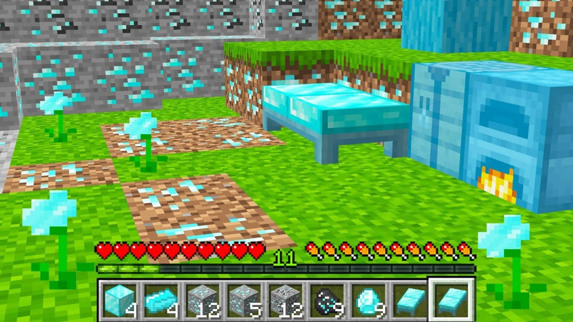 我的世界 鑽石 桌布 壁紙 — 一個像素化的Minecraft場景，有藍色床、熔爐和鑽石方塊，在一個有花和石牆的草地區域。
