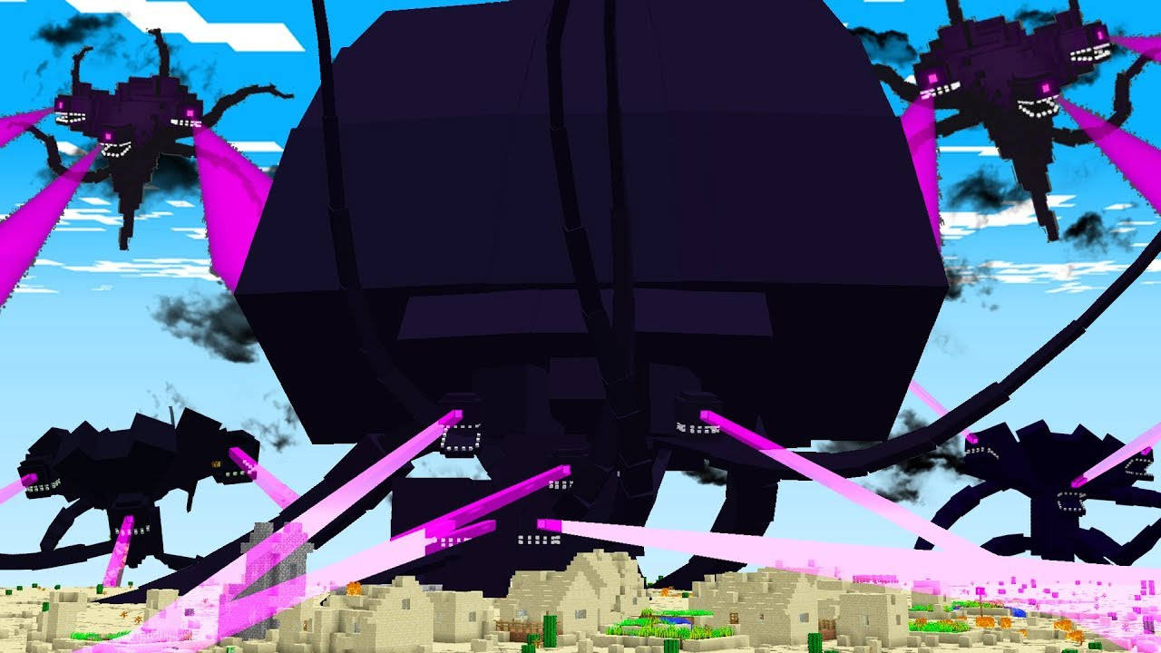 Wither 桌布 壁紙 — 一個像素化的Minecraft場景顯示巨大的黑色蜘蛛在藍天下向沙漠村莊發射粉紅色雷射。