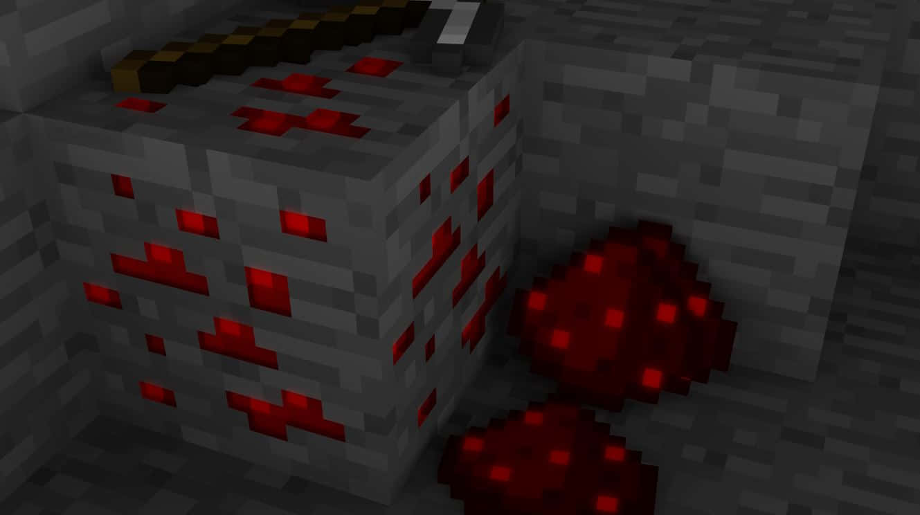 Minecraft Redstone 桌布 壁紙 — 一個像素化的Minecraft場景，顯示一個地獄岩方塊，上面有紅石粉和一把獄髓劍。