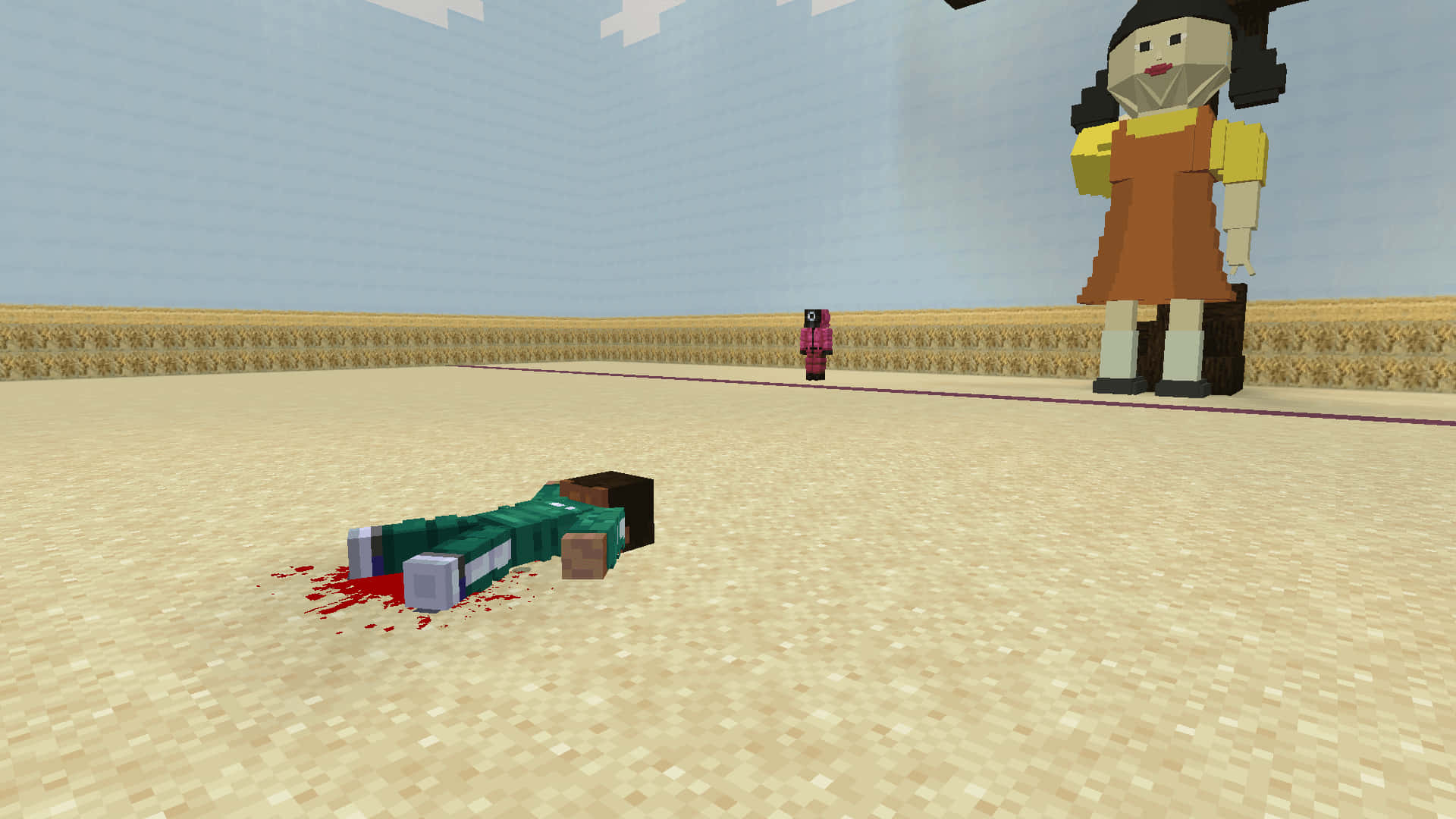 Squid Game 桌布 壁紙 — 一個像素化的Minecraft場景顯示一個倒下的角色，血泊在一個站立的娃娃狀人物附近。