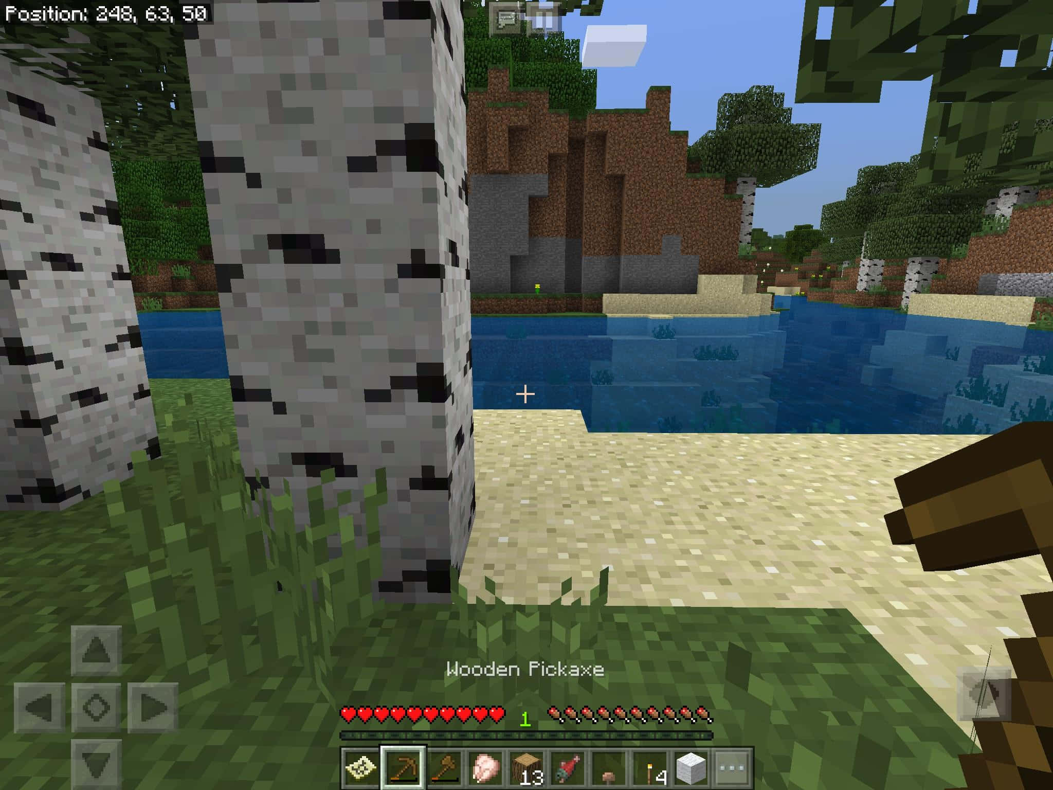 Minecraft Pocket Edition 桌布 壁紙 — 一個像素化的Minecraft場景，顯示藍色河流附近的樺樹，沙灘岸邊，天空晴朗。