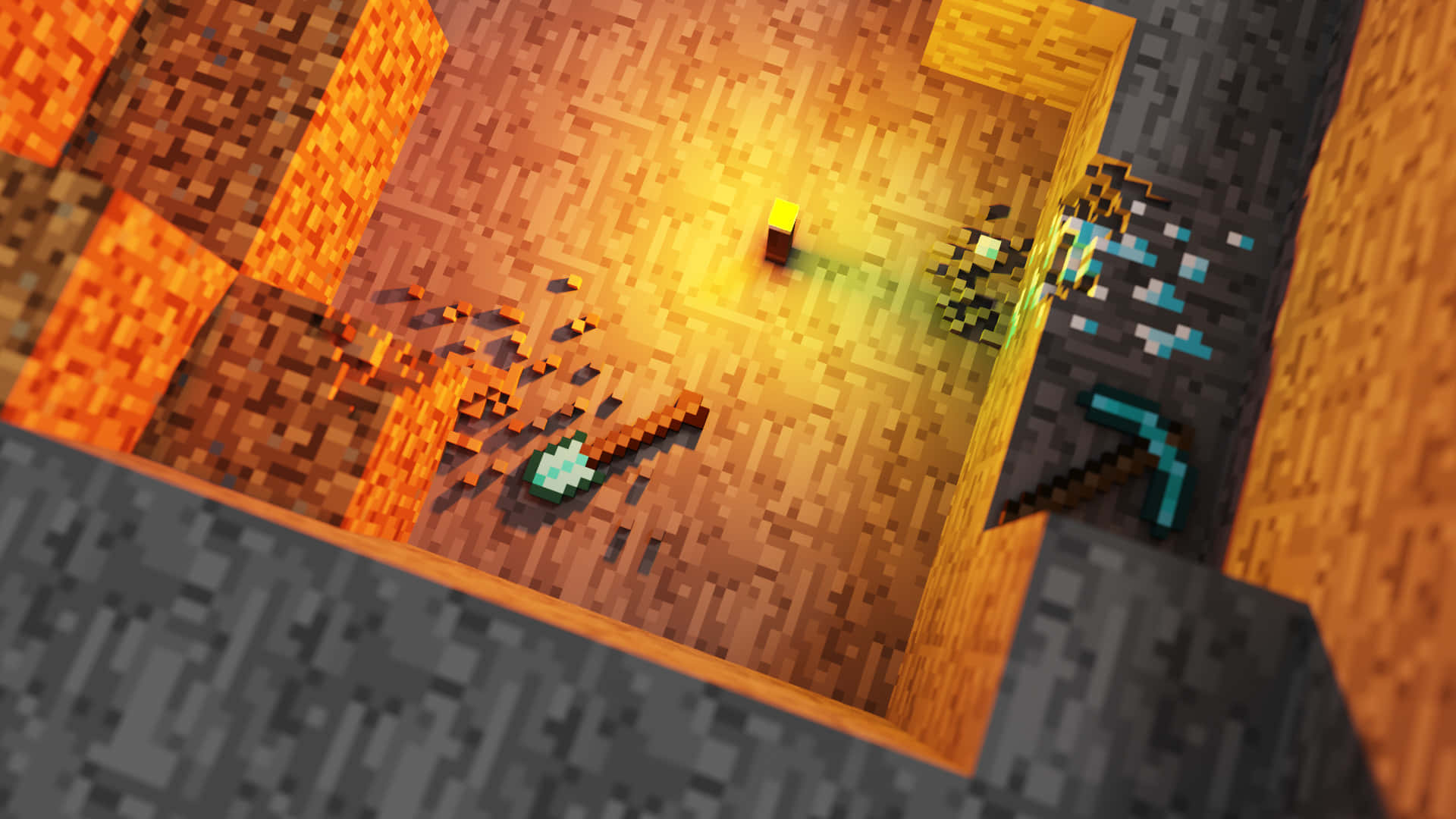 Minecraft Weapons 桌布 壁紙 — 一個像素化的Minecraft場景，顯示火炬照亮的木地板，有熔岩、鑽石鎬和鑽石劍。