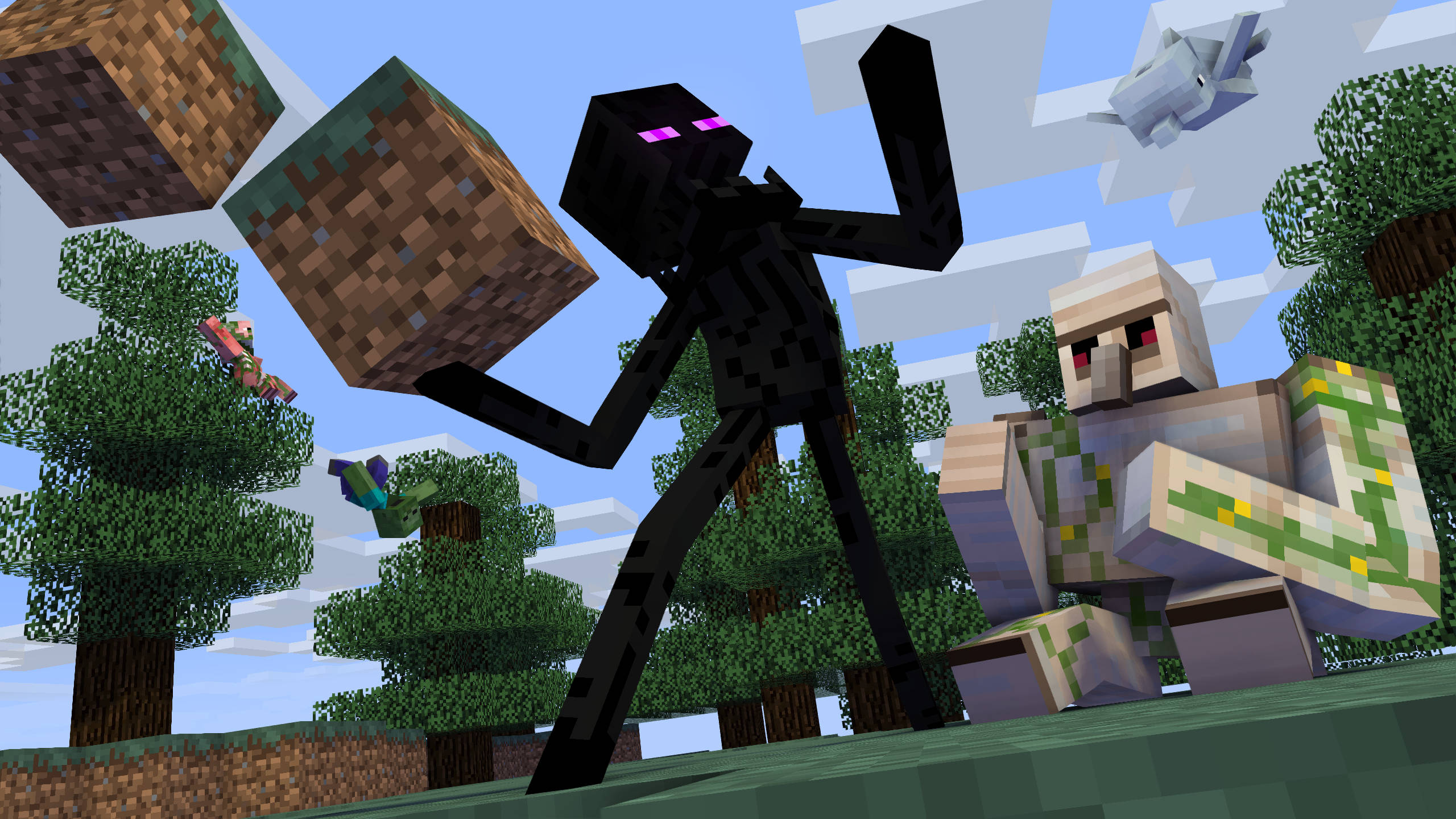 最佳我的世界 桌布 壁紙 — 一個像素化的Minecraft場景，有一個黑色的終界使者（Enderman）和一個殭屍豬布林（zombie piglin）站在森林中，周圍有浮動方塊和鳥類。