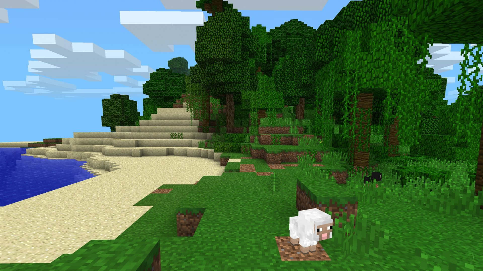 Minecraft Sheep 桌布 壁紙 — 一個像素化的Minecraft場景，有一隻羊在沙灘附近吃草，旁邊是藍色海洋和茂密的綠樹，天空明亮。