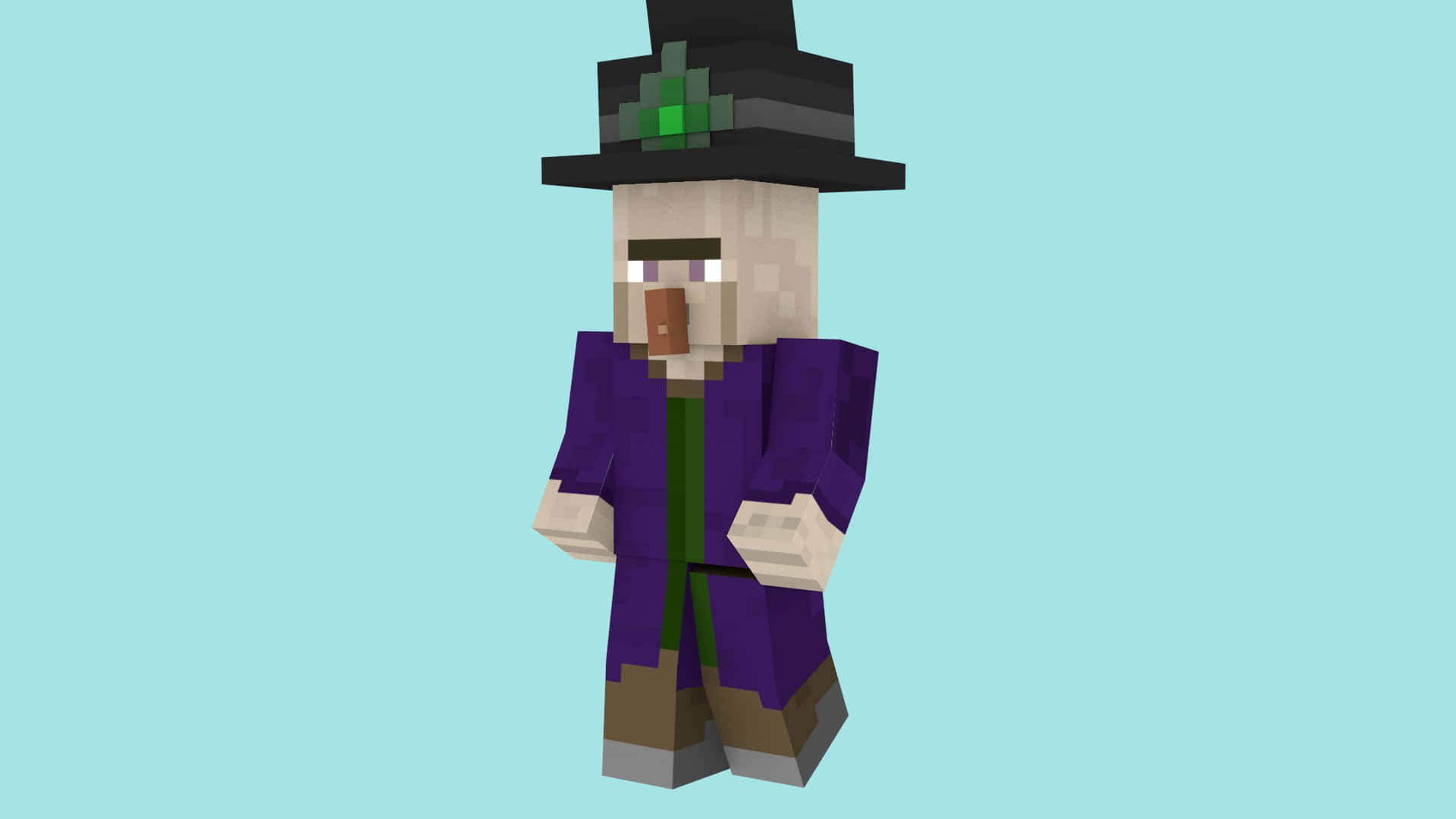 Minecraft Witch 桌布 壁紙 — 一個像素化的Minecraft女巫，身穿紫色長袍和黑色帽子，站在純淺藍色背景前。