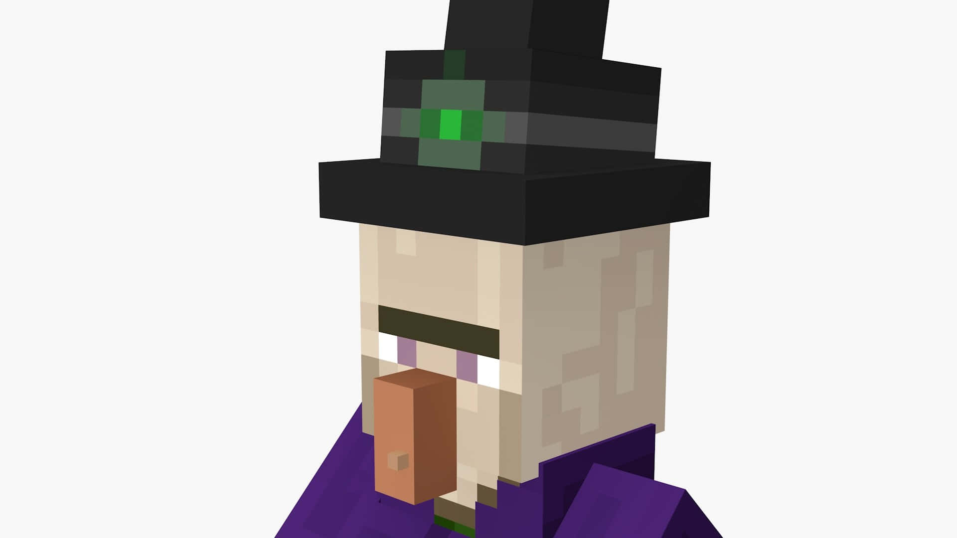 Minecraft Witch 桌布 壁紙 — 一個像素化的Minecraft女巫，戴著黑色帽子、綠色寶石和紫色長袍，背景是純白色。