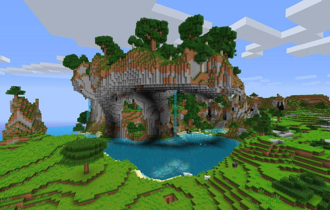 Minecraft島嶼，有瀑布和池塘，周圍是草丘和樹木。