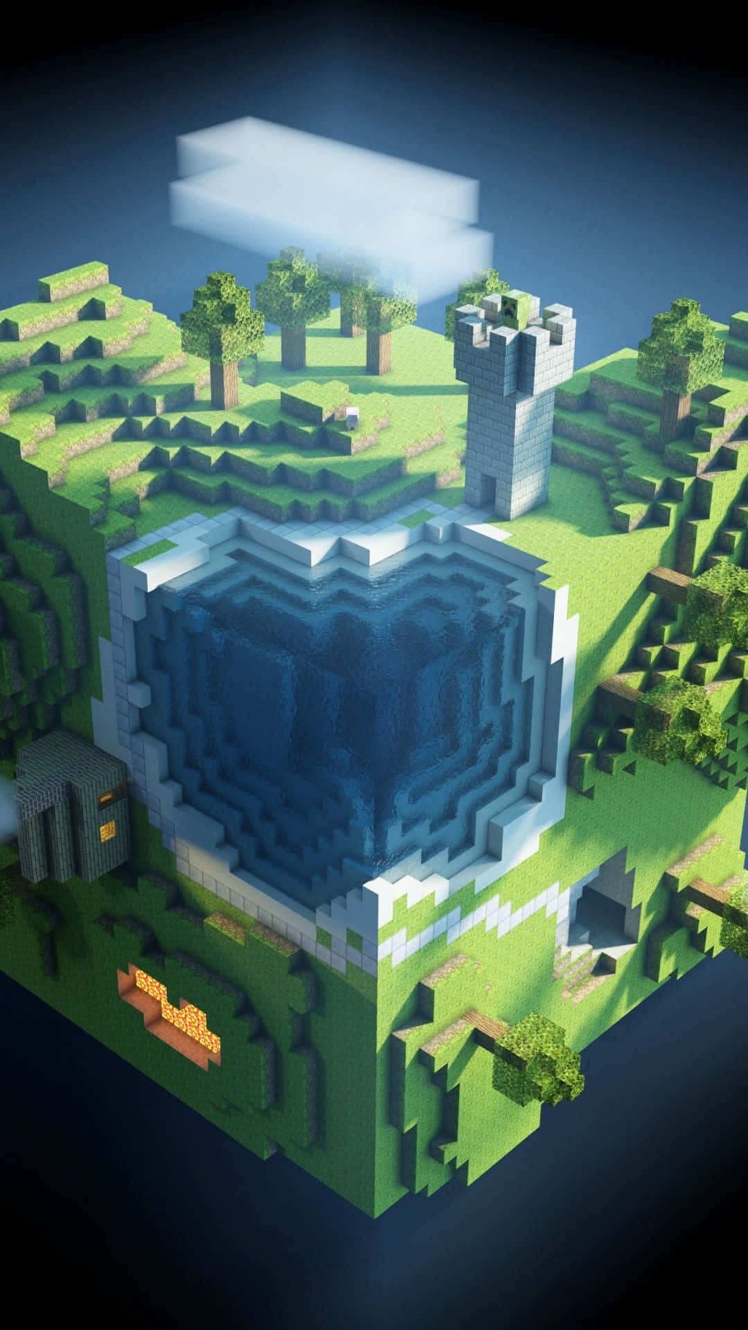 game 桌布 壁紙 — 一個像素化的Minecraft島嶼，中央有一個湖中城堡，周圍環繞著綠色山丘和樹木，天空陰暗。