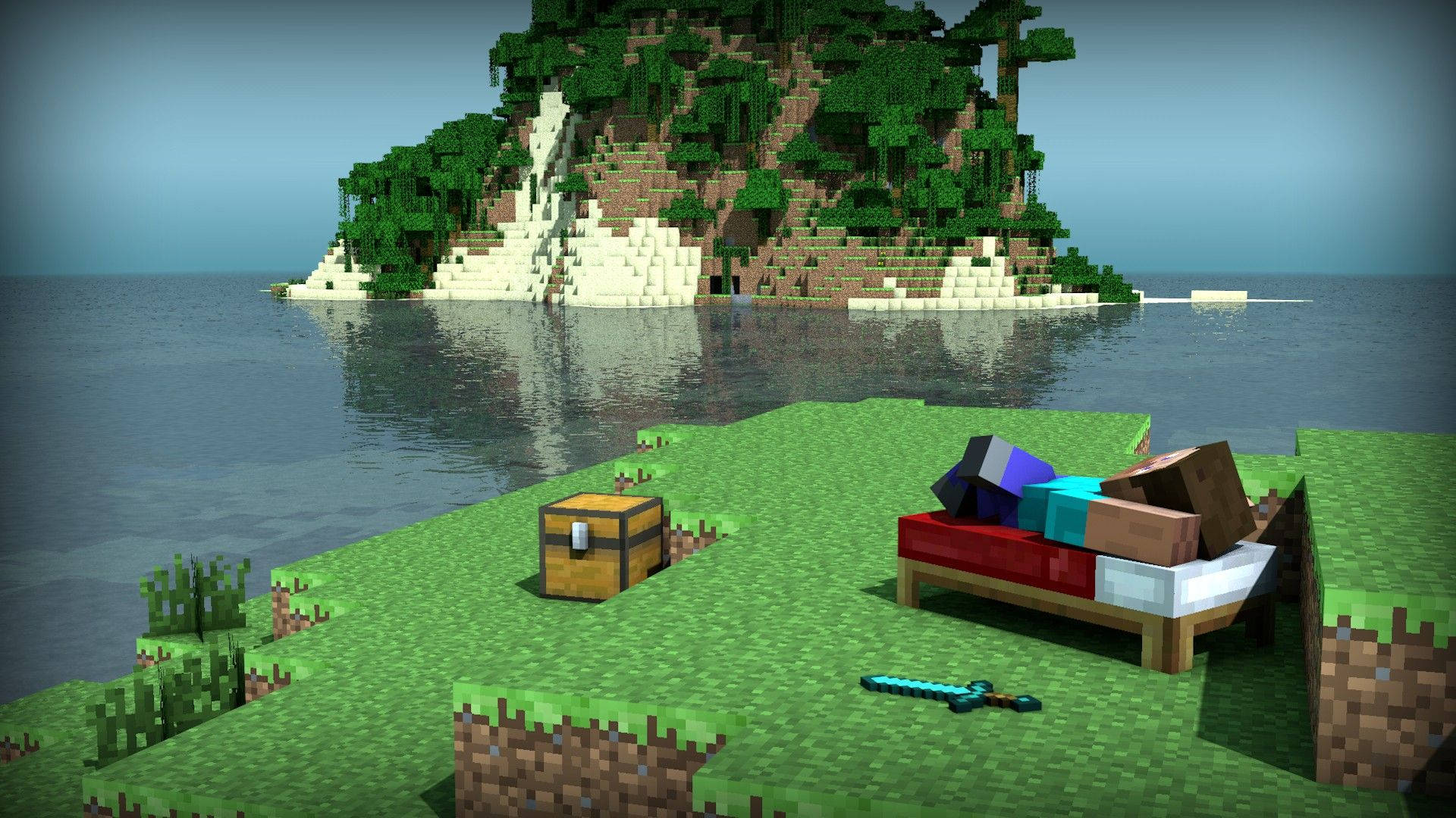島嶼 桌布 壁紙 — 一個像素化的Minecraft島嶼，有草地海岸、寶藏箱和一張帶物品的床，旁邊是平靜的海洋。
