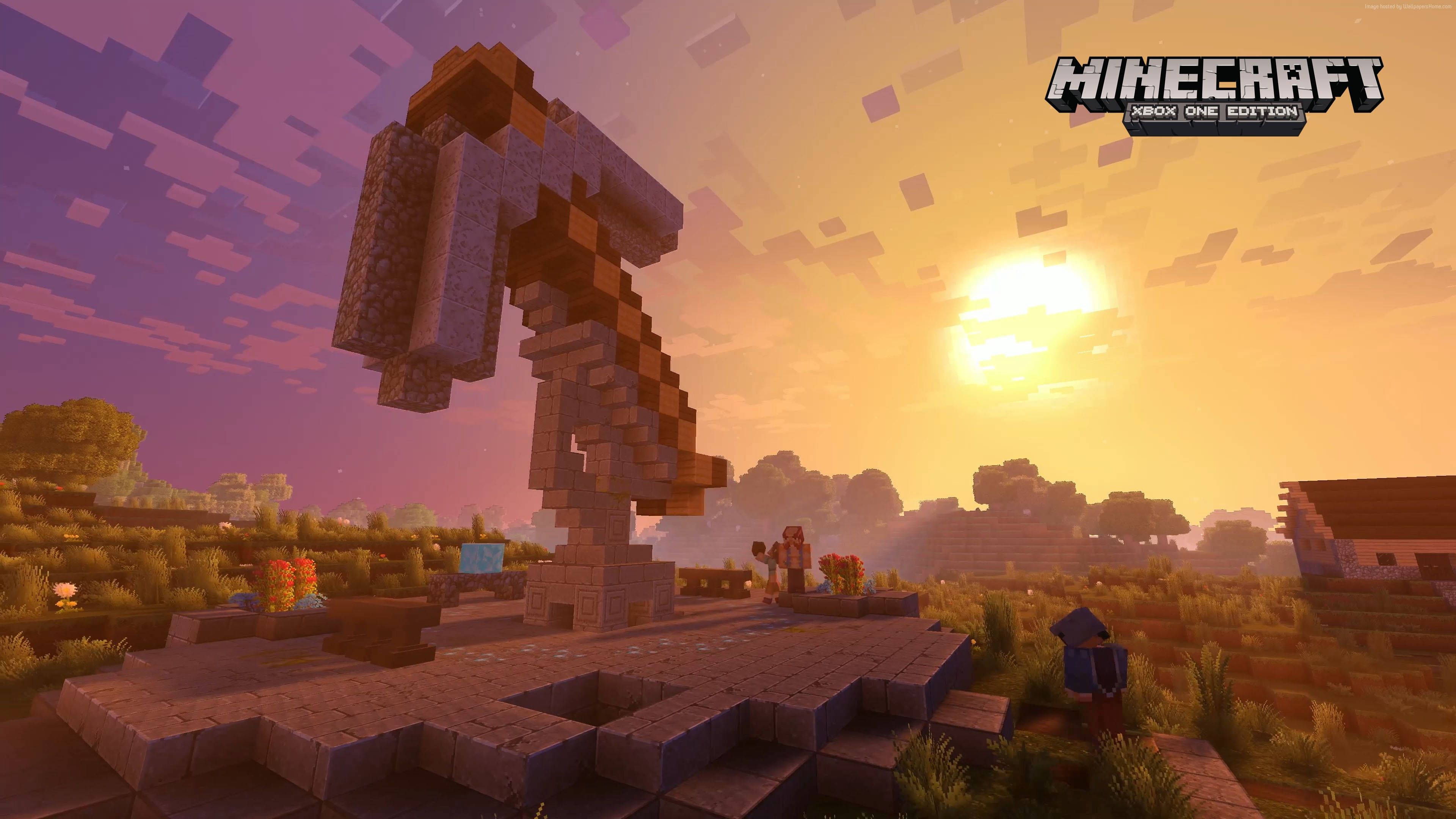 4K Minecraft 壁紙 桌布 壁紙 — 一個像素化的Minecraft日落場景， featuring 一個巨大的劍紀念碑、方塊狀的樹木，以及在充滿活力的紫色和橙色天空中發光的太陽。