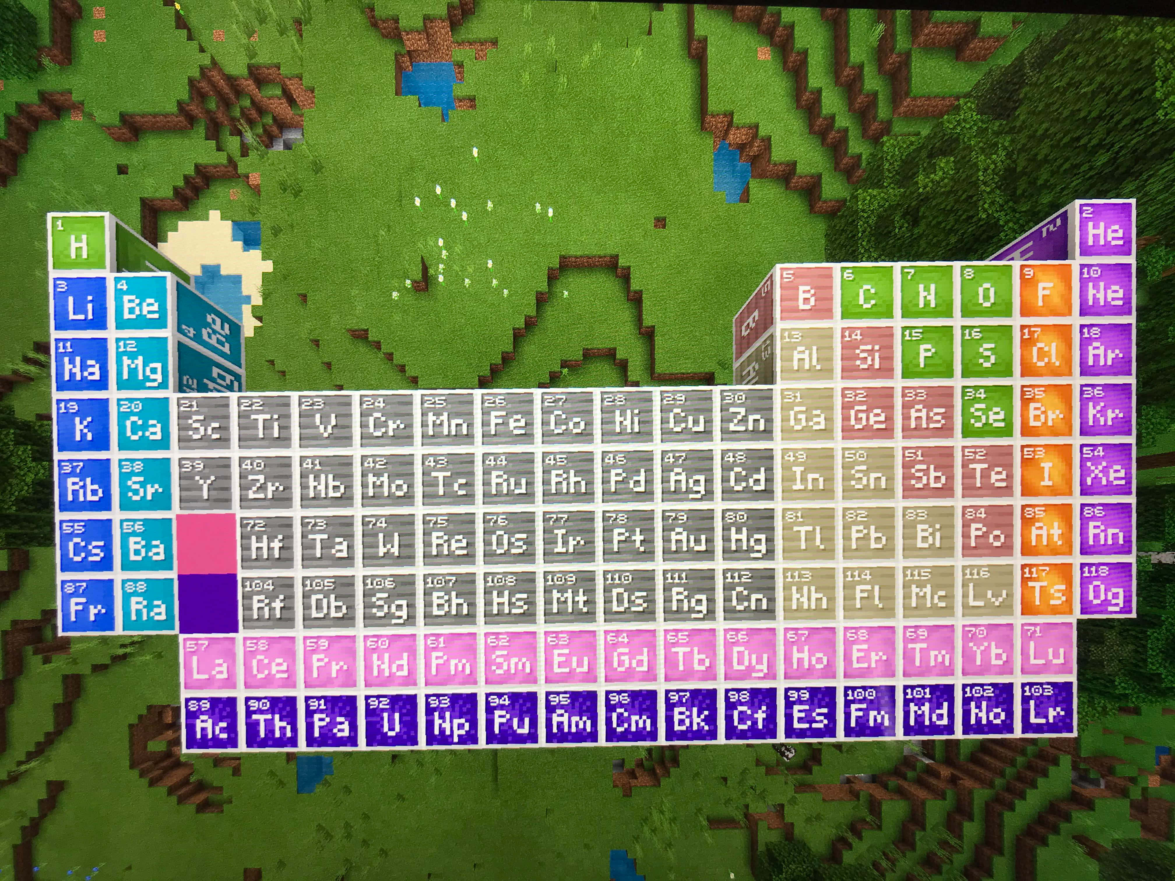Minecraft Education Edition 桌布 壁紙 — 一個像素化的Minecraft景觀，完整的元素週期表漂浮在草地、樹木和水面上方。