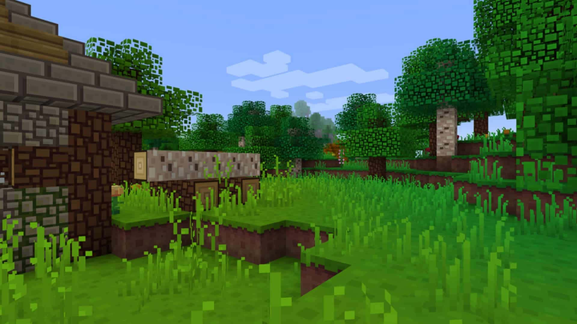 Minecraft Pixel Art 桌布 壁紙 — 一個像素化的Minecraft村莊，有木屋和茂密的綠樹，在清澈的藍天下。