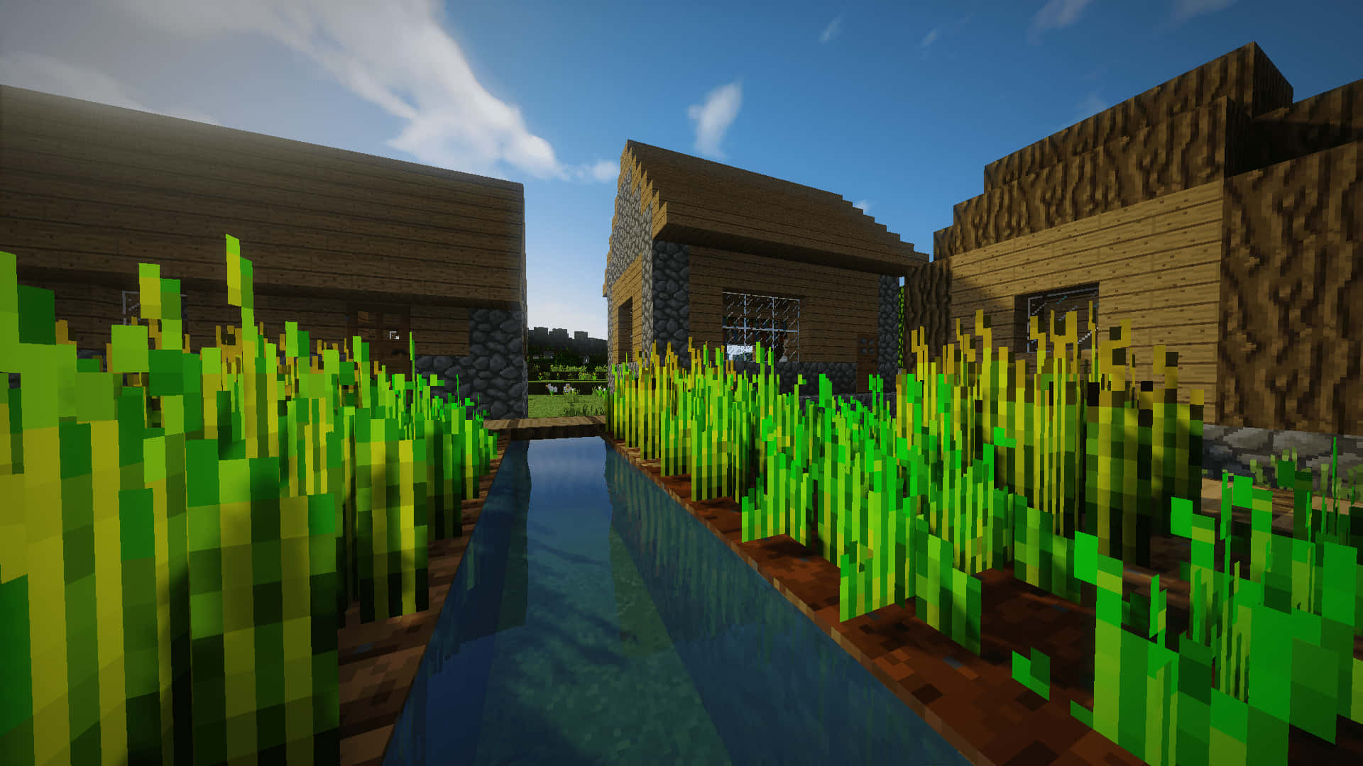 Minecraft Shaders 桌布 壁紙 — 一個像素化的Minecraft村莊，有木屋和高高的草叢，沿著反射水渠排列，上方是明亮的藍天。