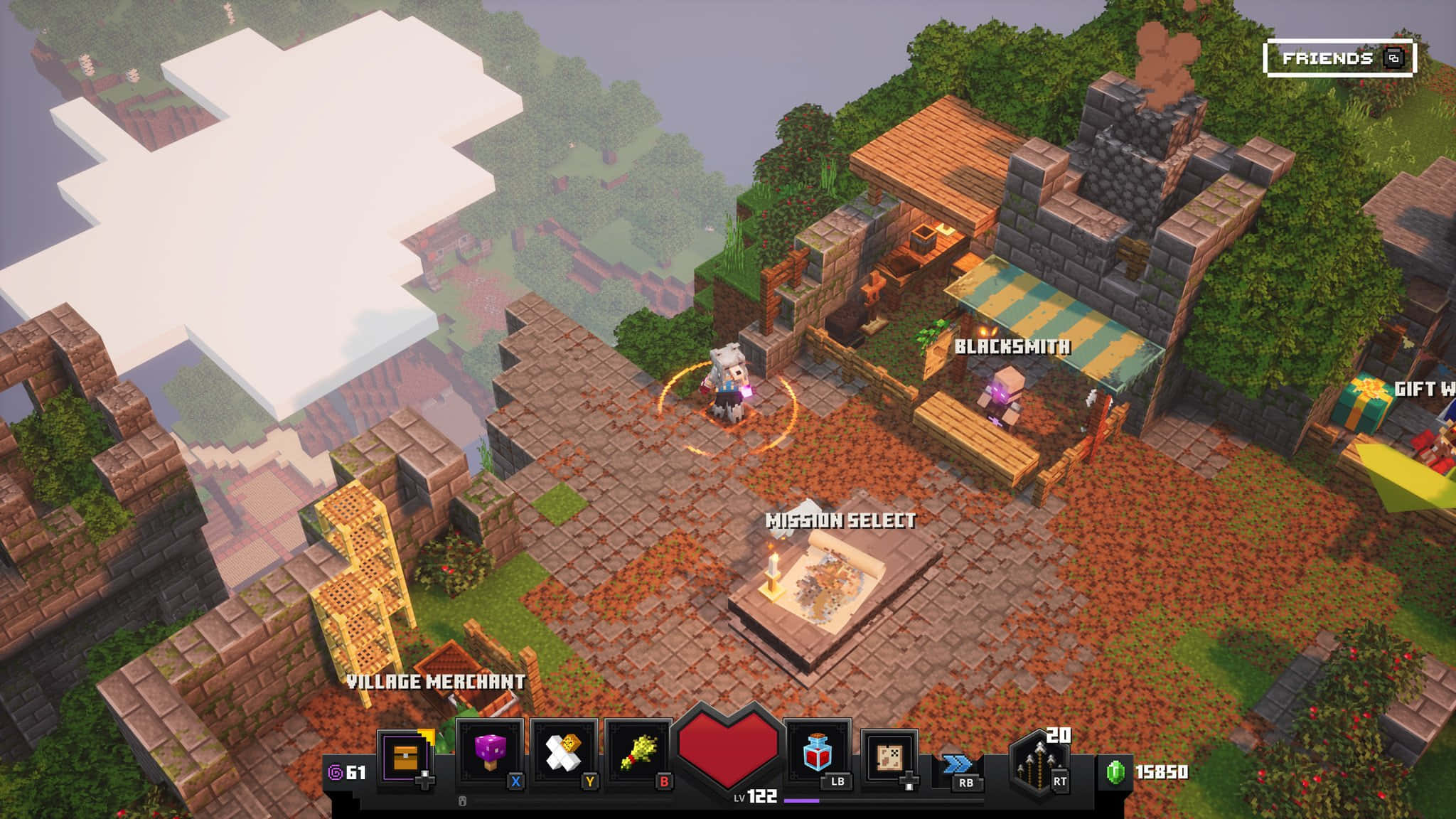 Minecraft Emeralds 桌布 壁紙 — 一個像素化的Minecraft村莊，有鐵匠和商人，天空朦朧，有浮空島嶼。