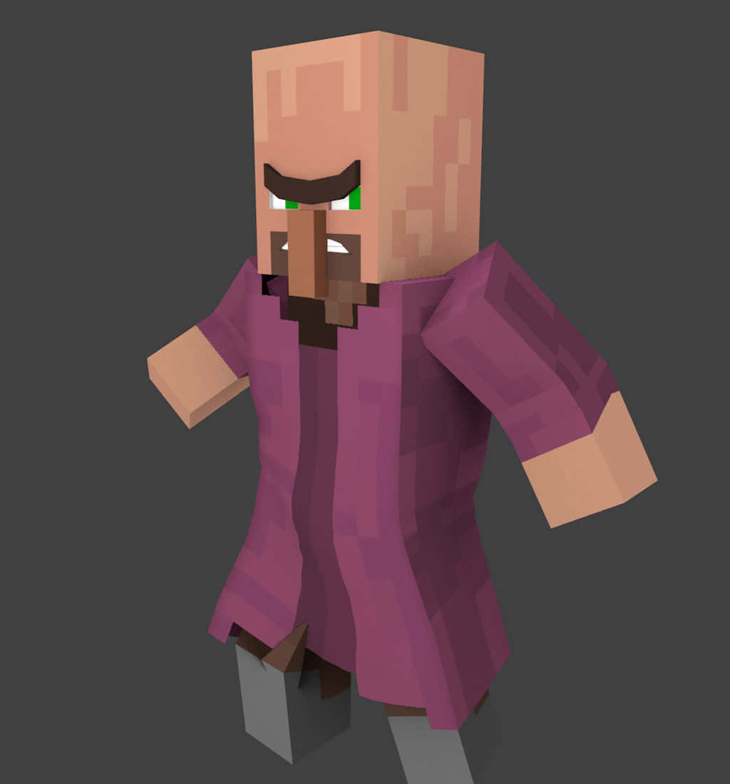 Minecraft Villager 桌布 壁紙 — 一個像素化的Minecraft村民，綠色眼睛，穿著紫色長袍，站在深灰色背景前。