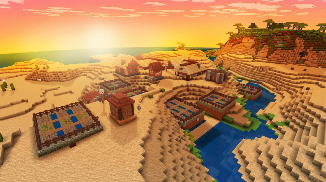 Minecraft Pixel Art 桌布 壁紙 — 一個像素化的Minecraft村莊，坐落於沙漠綠洲中，夕陽西下，沙丘連綿，河流蜿蜒。