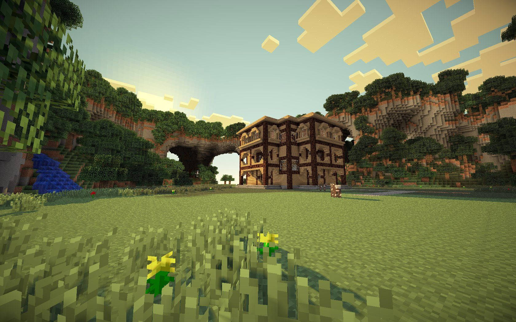 我的世界 高畫質壁紙 桌布 壁紙 — 一個像素化的Minecraft村莊，木屋坐落於草谷中，天空呈方塊狀。