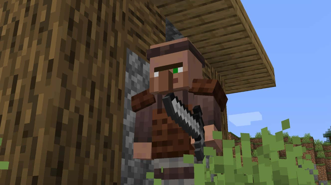 Minecraft Villagers 桌布 壁紙 — 一個像素化的Minecraft村民站在木屋附近，手持劍，背景是晴朗的藍天。