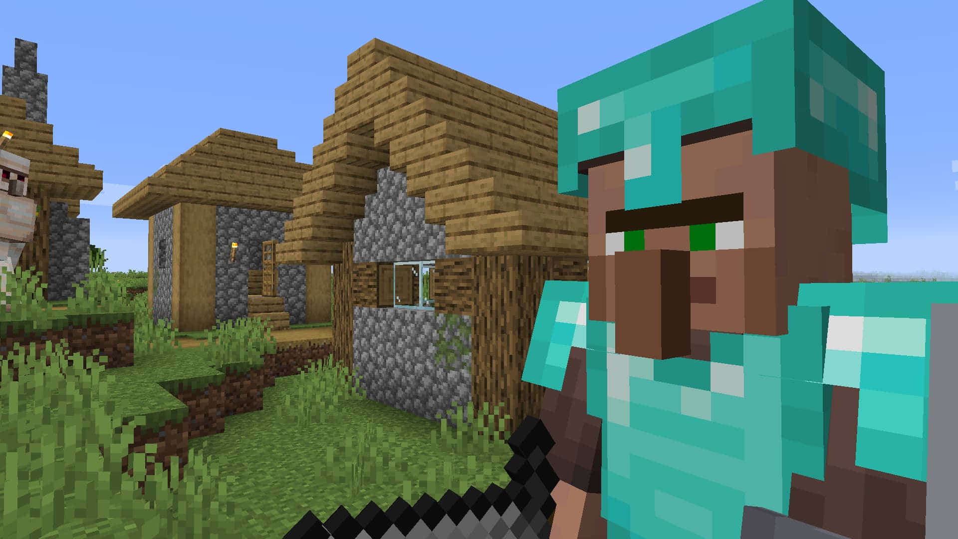 Minecraft Villager 桌布 壁紙 — 一個像素化的Minecraft村民穿著青綠色盔甲，站在木屋和石屋前，背景是晴朗的藍天。