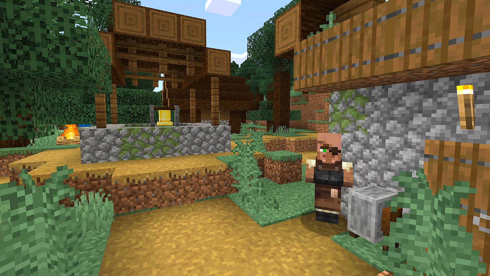 Minecraft Pocket Edition 桌布 壁紙 — 一個像素化的Minecraft村民站在石牆和木結構附近，身處一個綠意盎然的村莊，天空湛藍清澈。