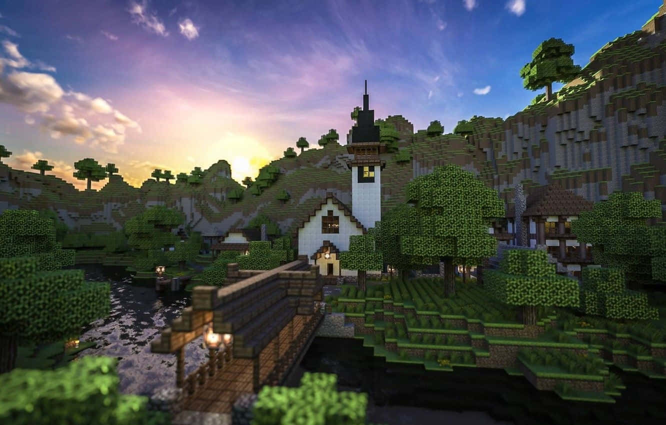 Minecraft Houses 桌布 壁紙 — 一個像素化的Minecraft村莊，在紫色天空下，有教堂、橋樑和茂密的綠色山丘，正值日落時分。