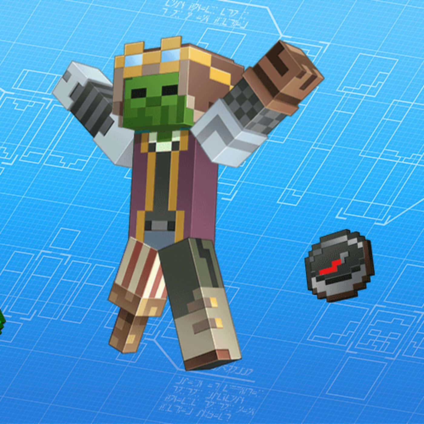 Minecraft Mods 桌布 壁紙 — 一個像素化的Minecraft殭屍穿著盔甲，在藍色藍圖背景上帶著浮動齒輪勝利地站立。