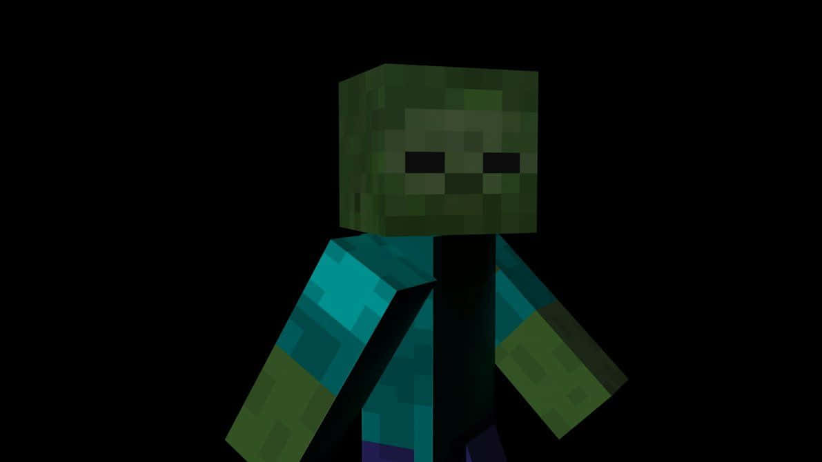Minecraft Zombie 桌布 壁紙 — 一個像素化的Minecraft殭屍站在黑色背景前，綠色皮膚和青綠色襯衫。