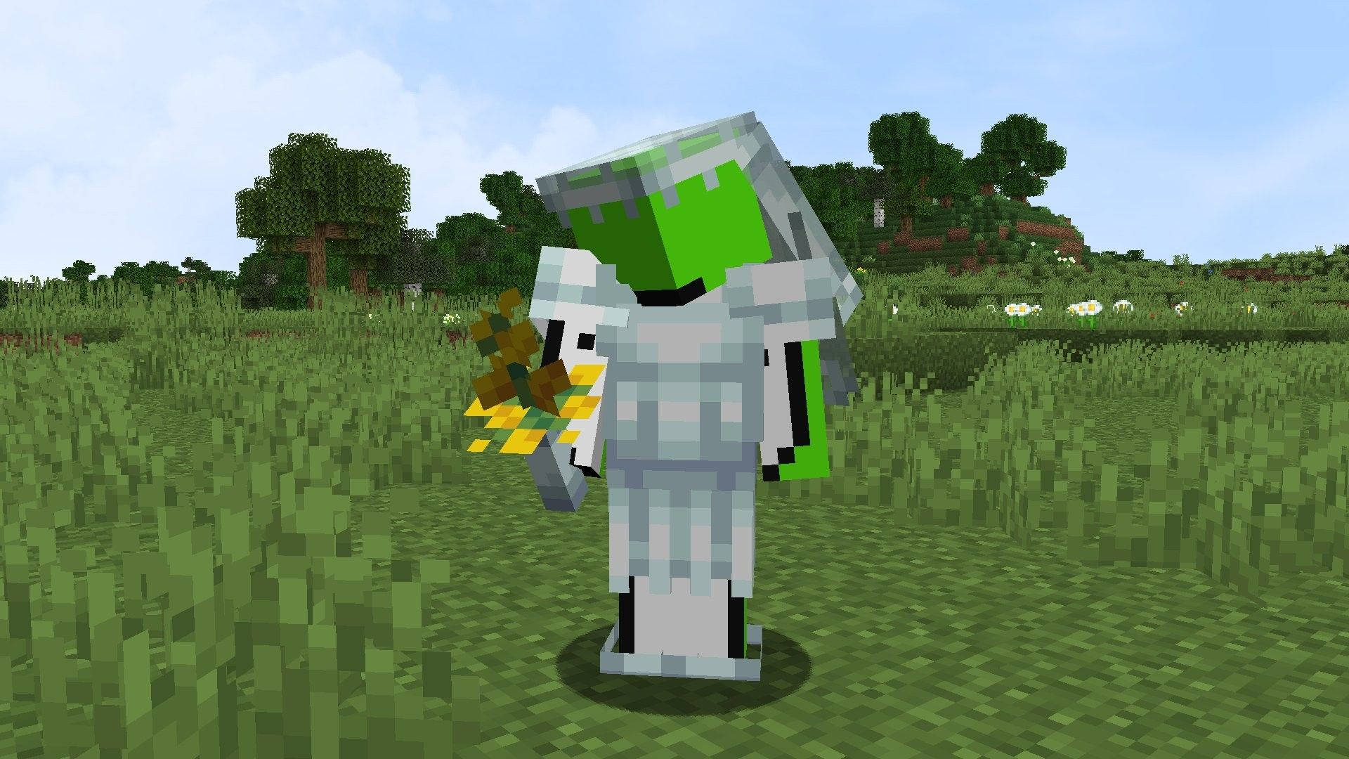 穿著銀色盔甲的殭屍在Minecraft草地上拿著花。