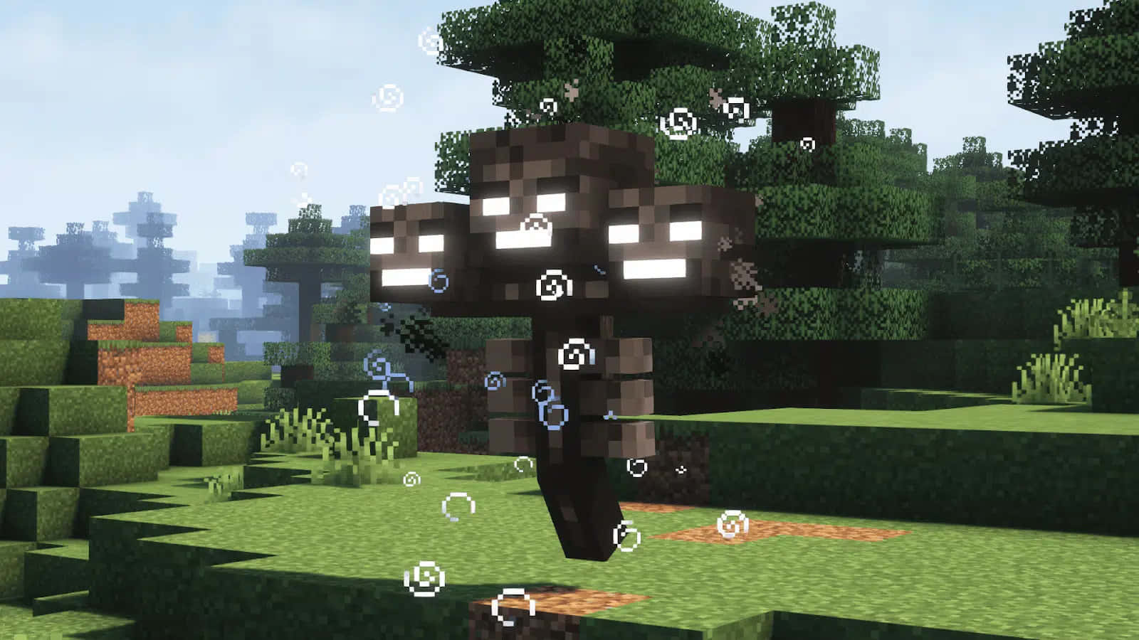 Minecraft Wither Boss 桌布 壁紙 — 一個像素化的Minecraft殭屍站在方塊森林中，眼睛發光，周圍有漂浮的氣泡。