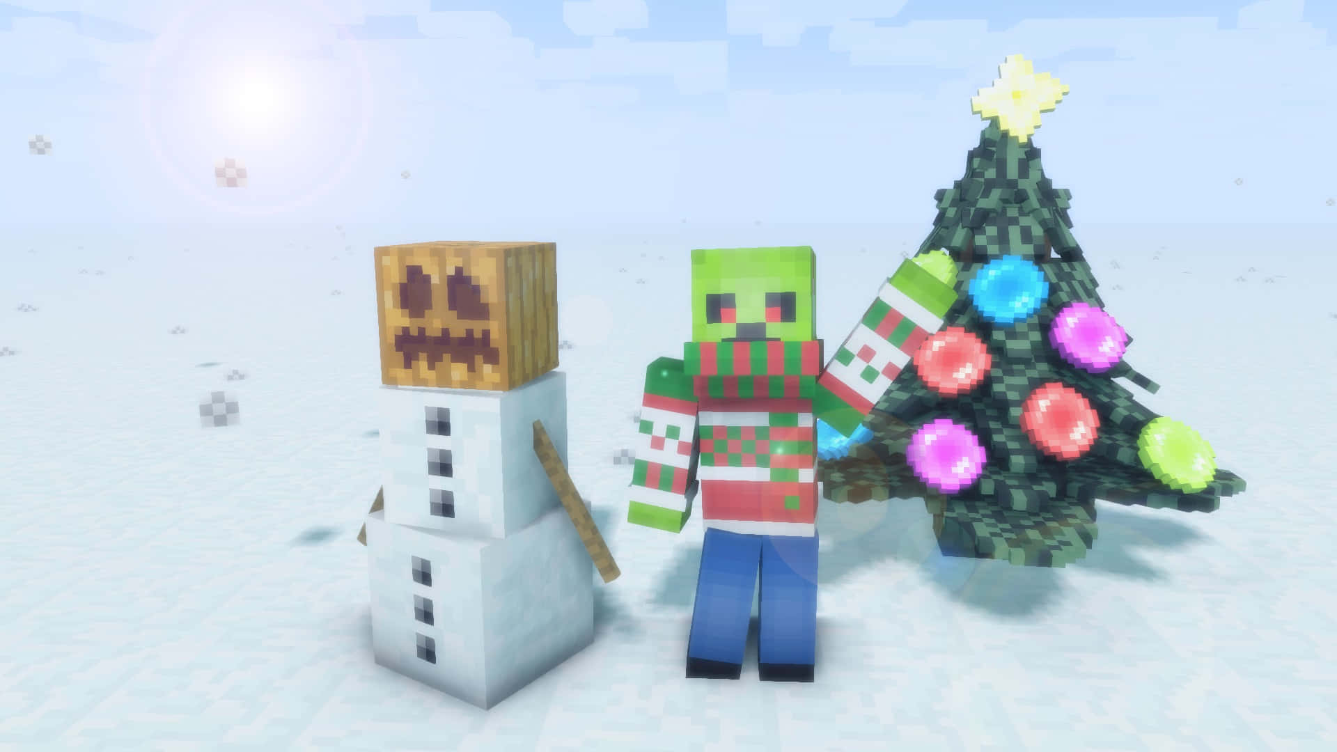 Minecraft Snow Golem 桌布 壁紙 — 一個像素化的Minecraft殭屍穿著節日毛衣，站在雪人和裝飾好的聖誕樹旁邊，背景是雪景。