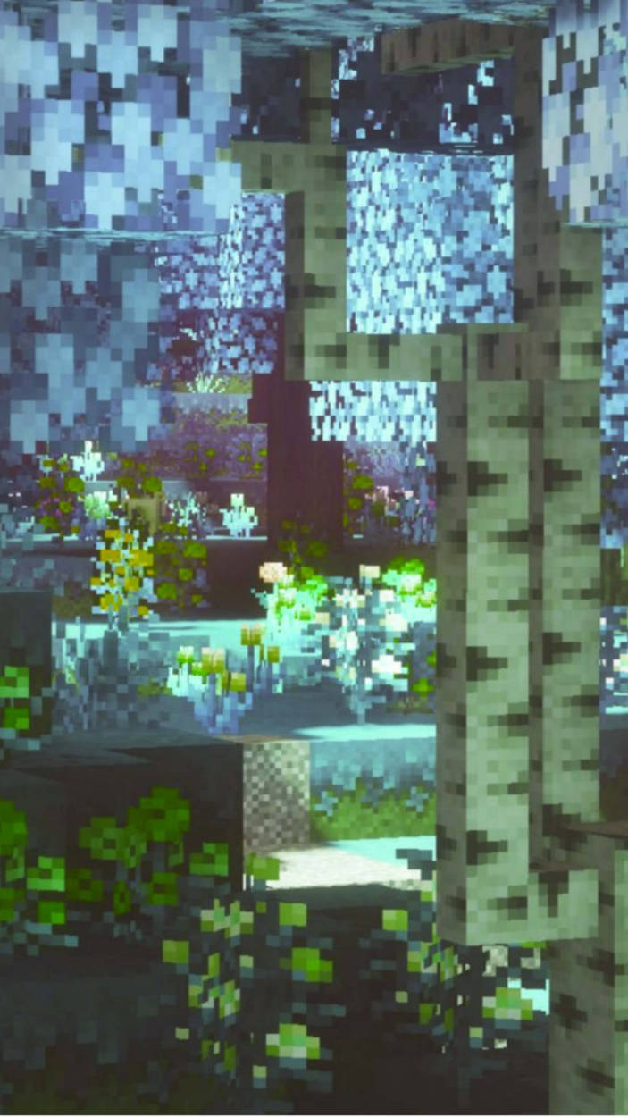 電玩遊戲 桌布 壁紙 — 一個像素化的Minecraft水下場景，藍色水下有發光植物和白樺樹。