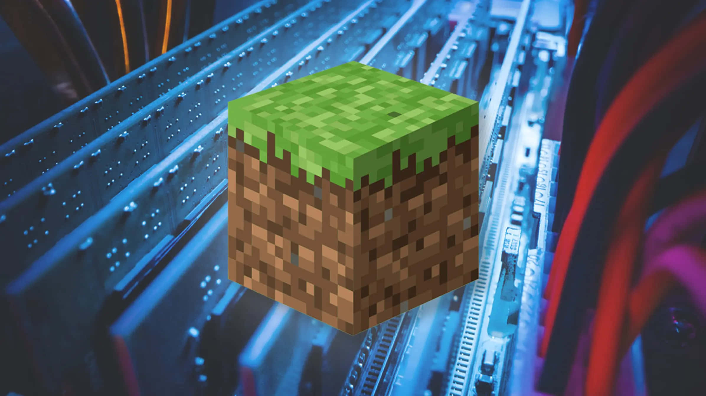 Minecraft Server 桌布 壁紙 — 一個像素化的Minecraft泥土方塊，上面有草，漂浮在資料中心發光的伺服器機架上方。