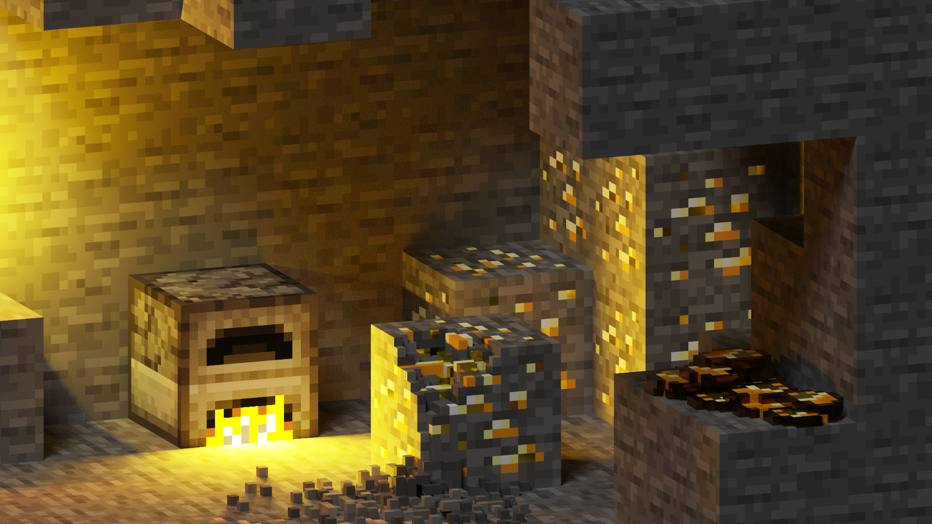 高清 桌布 壁紙 — 一個像素化的Minecraft洞穴，由發光的金礦和熔爐照亮，在石塊上投射溫暖的光芒。