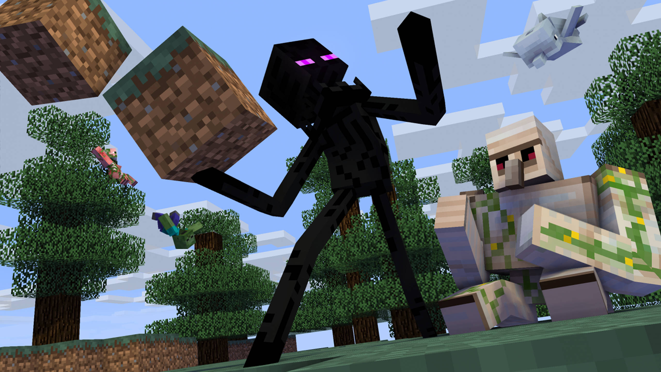 Minecraft Pc 桌布 壁紙 — 一個像素化的Minecraft爬行者和殭屍站在一個方塊森林中，有浮動的泥土方塊和遠處的玩家。
