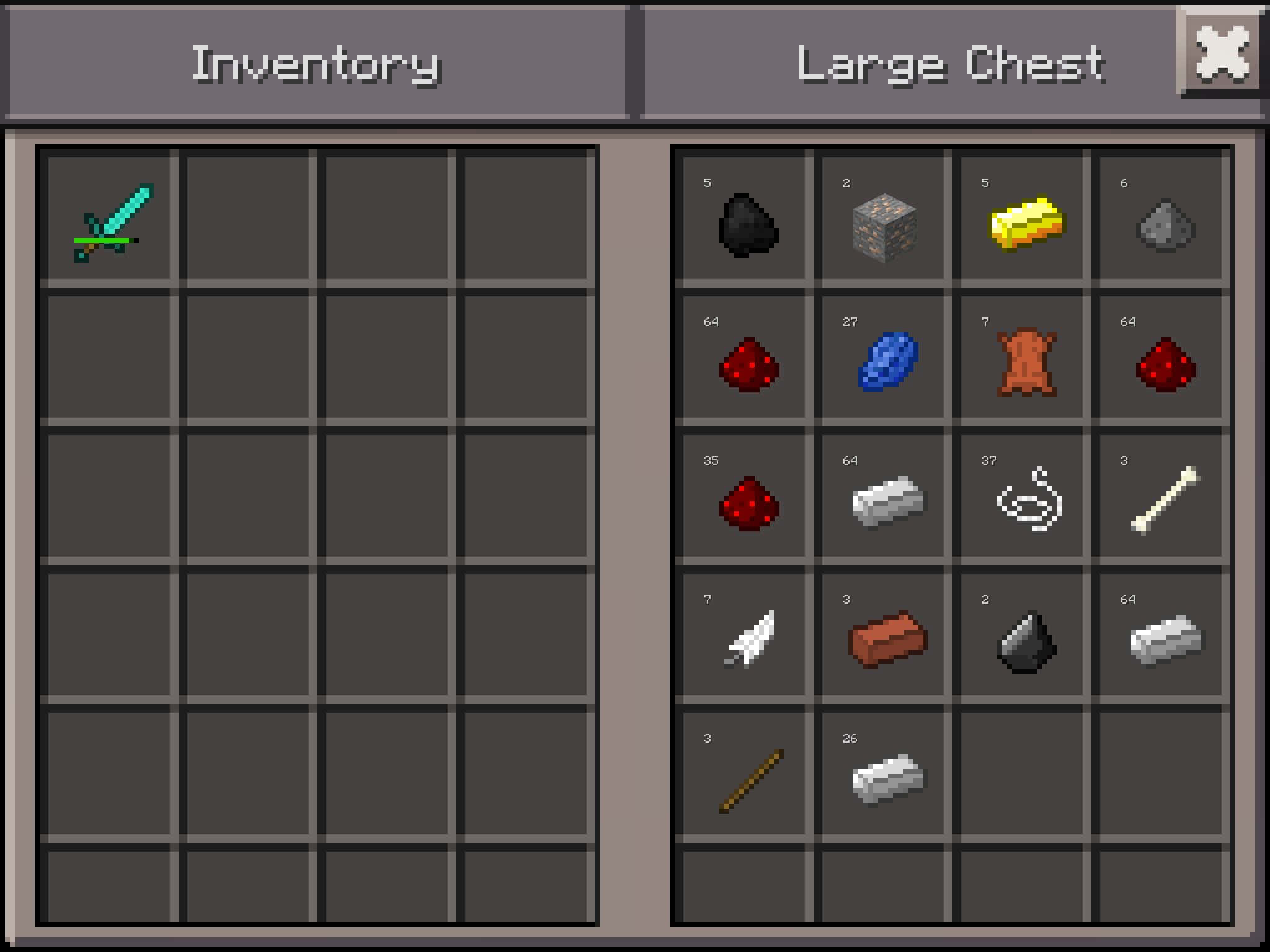 我的世界 鑽石 桌布 壁紙 — 一個像素化的Minecraft物品欄畫面，顯示一把鑽石劍以及各種礦石工具和方塊在一個大儲物箱中。