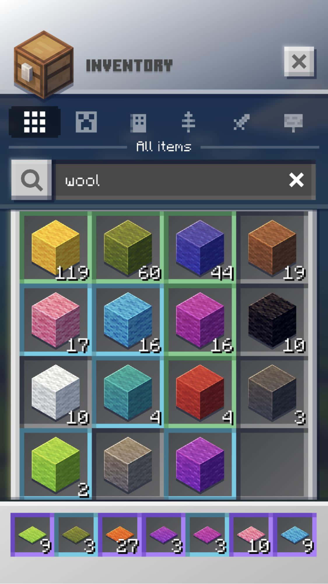 我的世界 鑽石 桌布 壁紙 — 一個像素化的Minecraft物品欄畫面，以網格佈局顯示彩色羊毛方塊及其數量。