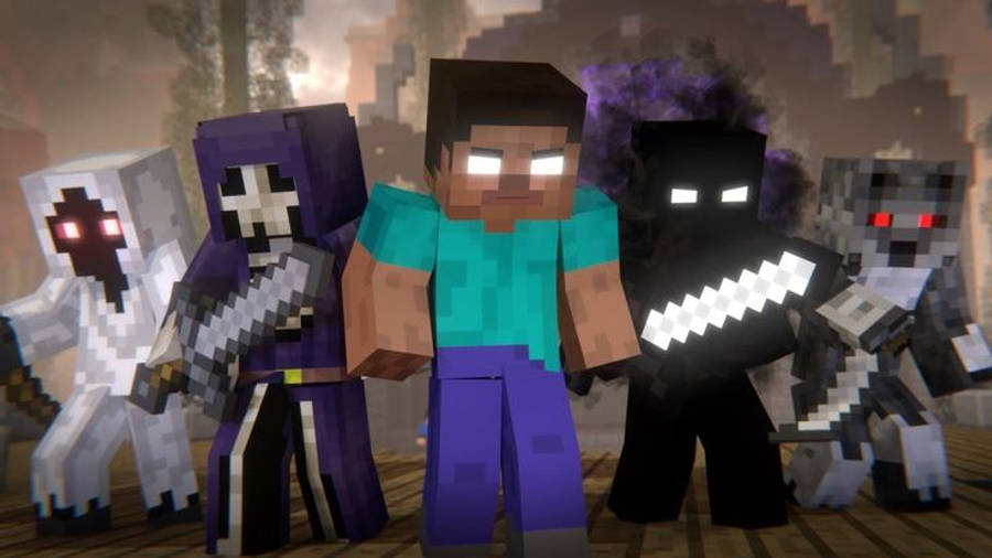 Herobrine 桌布 壁紙 — 一個像素化的Minecraft玩家與四個敵對生物站在一個光線昏暗、方塊狀的森林空地中。
