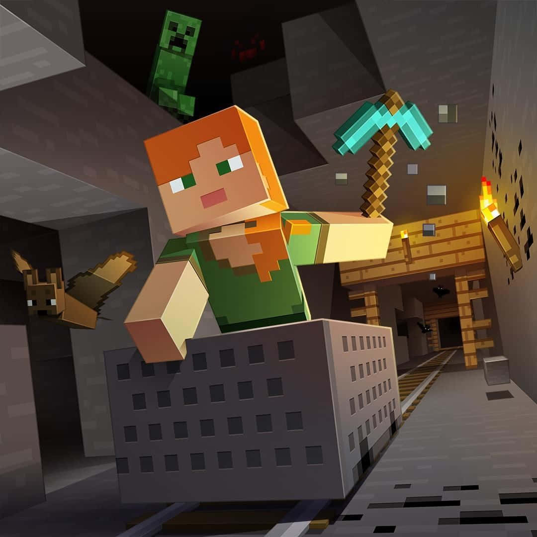 Minecraft Alex 桌布 壁紙 — 一個像素化的Minecraft玩家，橙色頭髮，在昏暗的地下礦洞中手持鑽石鎬，附近有苦力怕和狗。