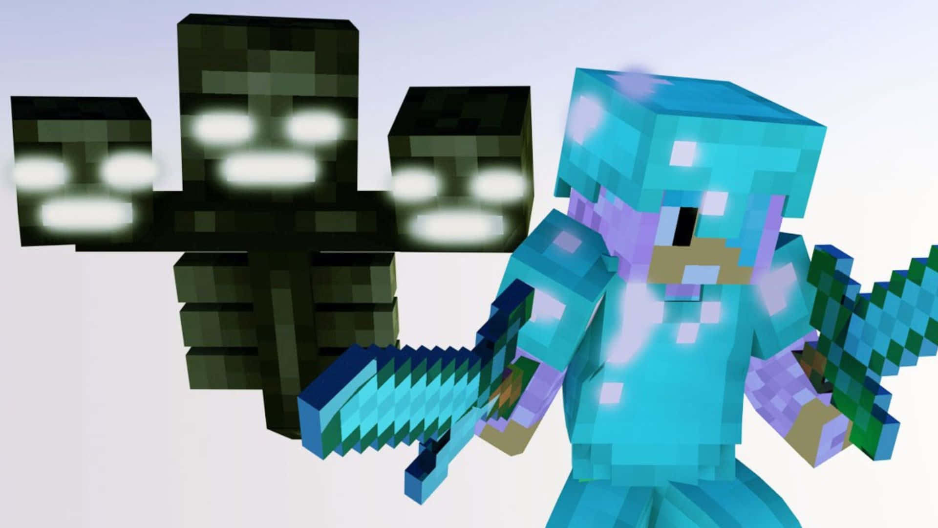 Minecraft Wither 桌布 壁紙 — 一個像素化的Minecraft玩家穿著鑽石盔甲，揮舞鑽石劍面對發光的苦力怕。
