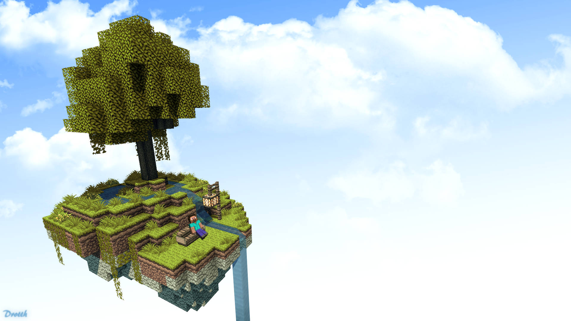 我的世界 桌布 壁紙 — 一個像素化的Minecraft玩家坐在一個浮島上的巨樹下，島上有草地、水和石層，背景是明亮的藍天和蓬鬆的雲朵。