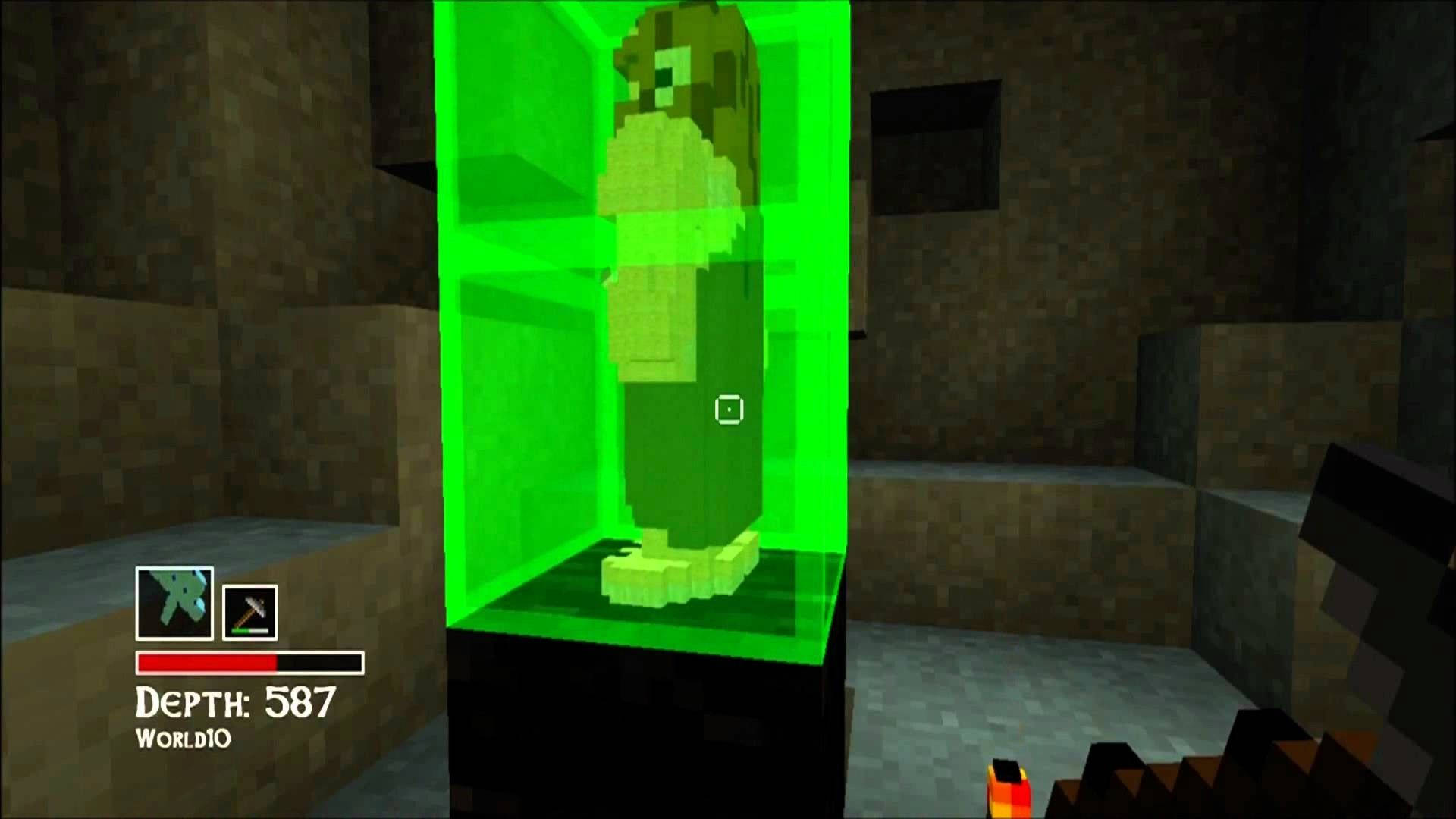  壁紙 — 一個像素化的Minecraft玩家站在一個發光的綠色方塊內，處於昏暗的地下洞穴中。
