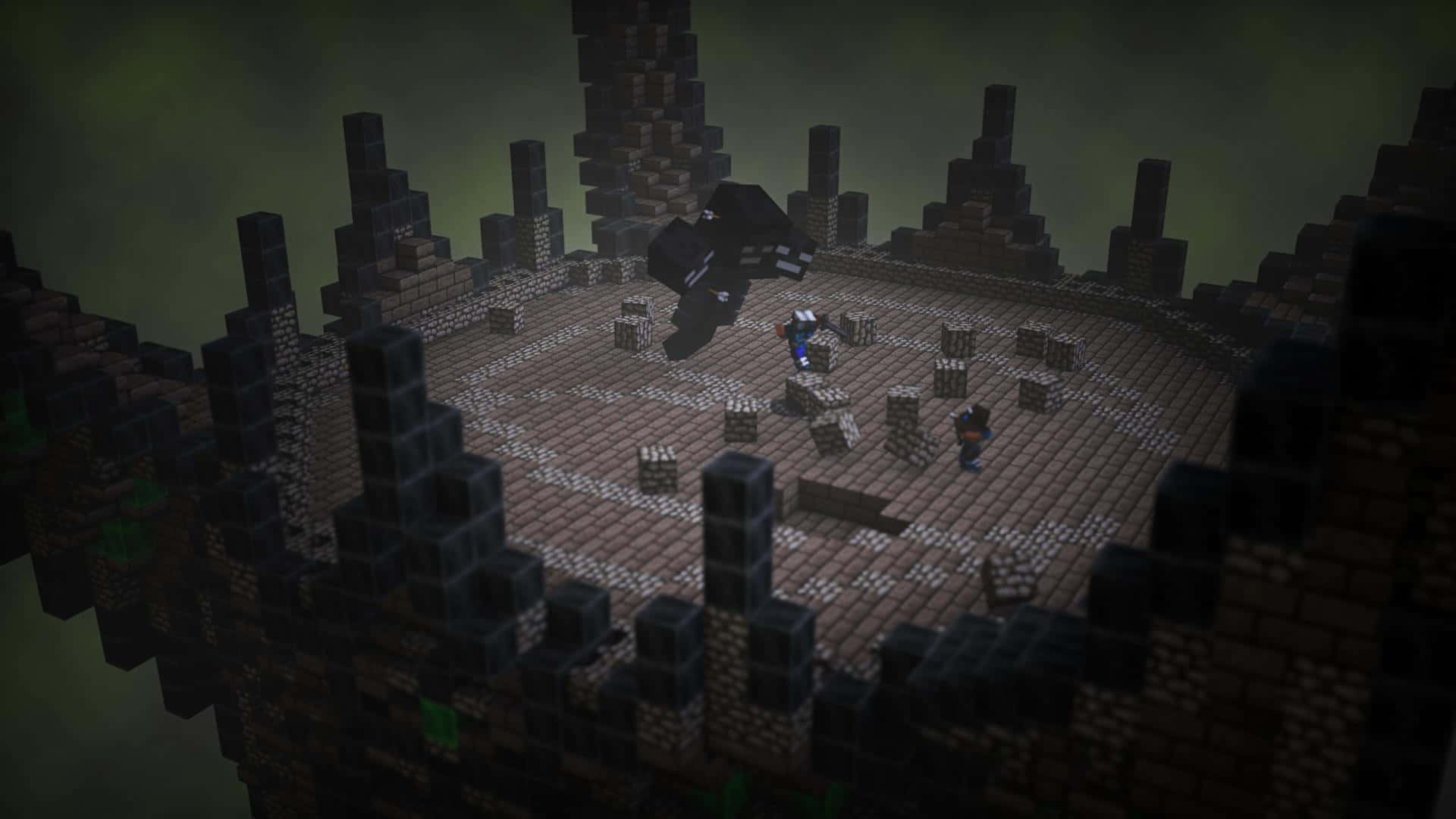 Minecraft Wither Boss 桌布 壁紙 — 一個像素化的Minecraft玩家在一個光線昏暗、方塊狀的競技場中，面對一隻巨大的黑色生物，周圍環繞著高聳的石頭建築。