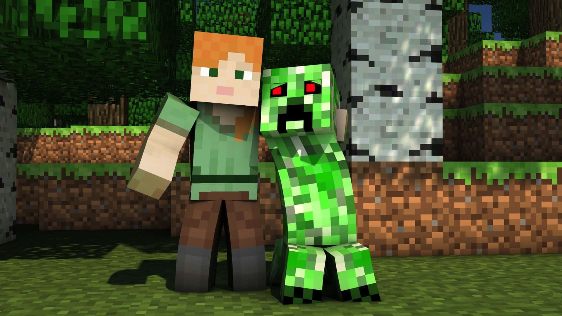 Minecraft Alex 桌布 壁紙 — 一個像素化的Minecraft玩家在一個有樹和泥土方塊的方塊森林中站在綠色苦力怕旁邊。