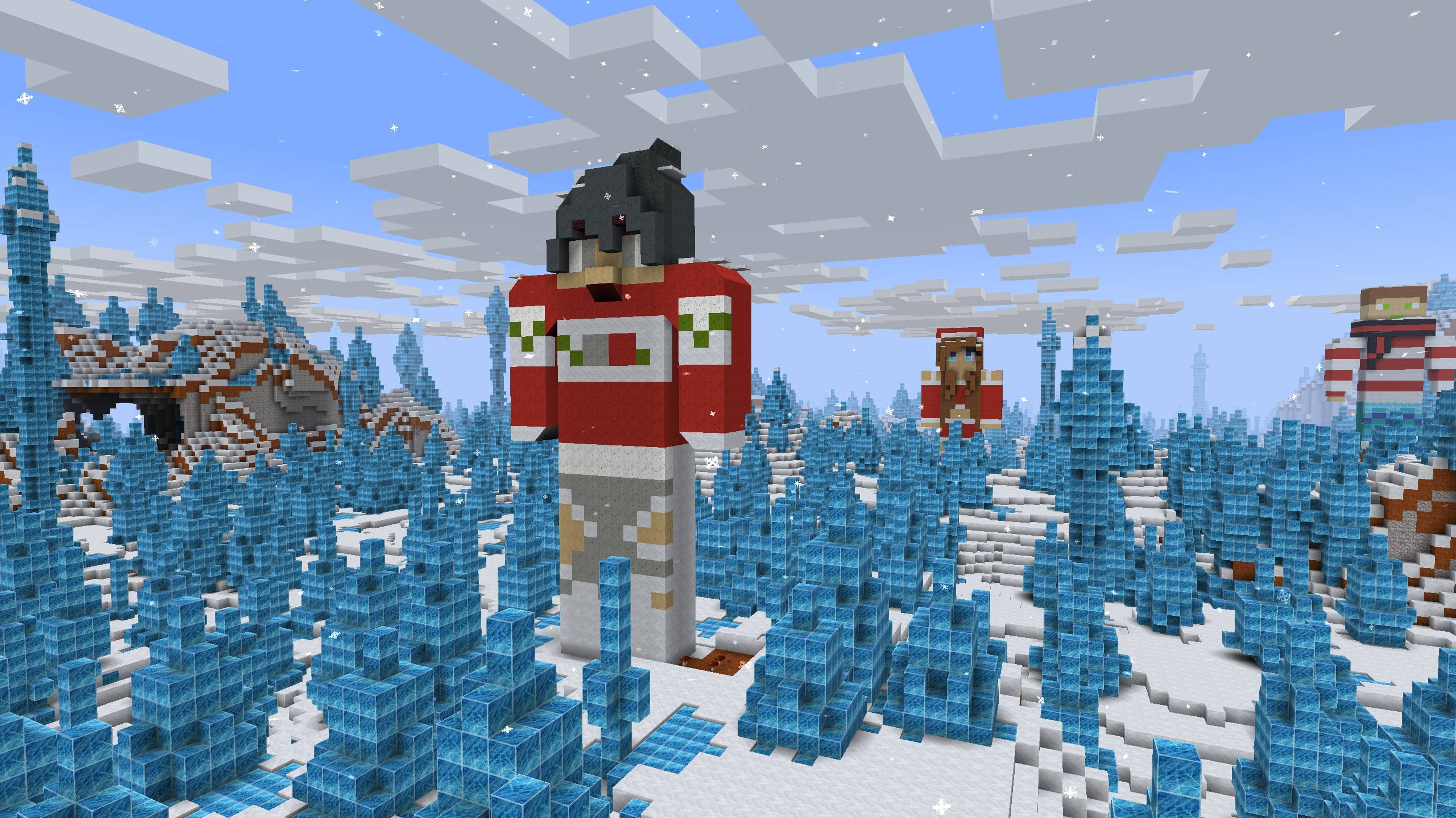 我的世界 史蒂夫 桌布 壁紙 — 一個像素化的Minecraft玩家穿著紅色外套，站在冰藍色的樹木之間，天空飄雪，還有浮動的方塊。