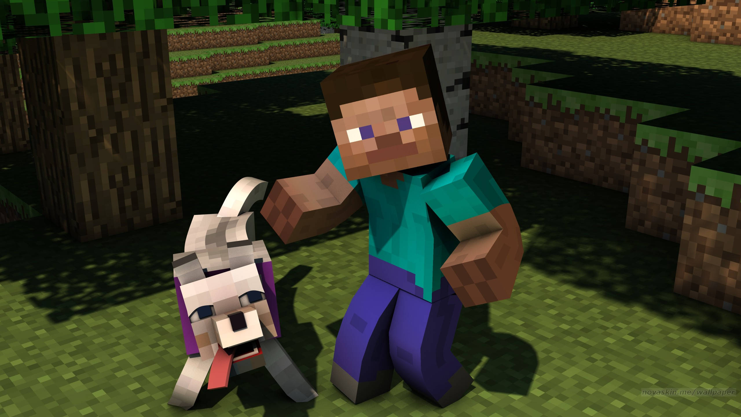 我的世界 史蒂夫 桌布 壁紙 — 一個像素化的Minecraft玩家穿著青綠色襯衫，在長滿草叢的森林中撫摸一隻紫色眼睛的白狗。