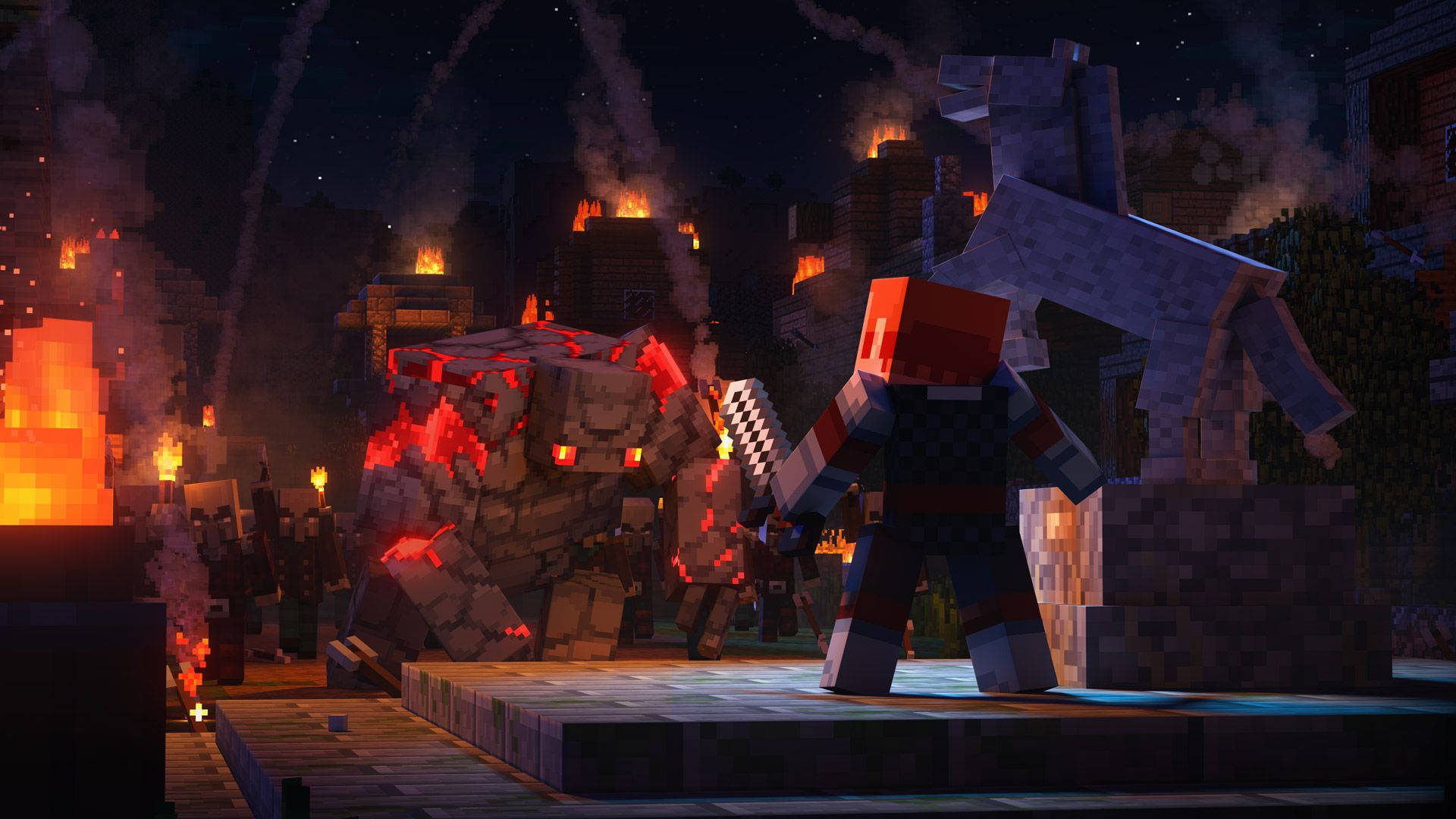 電玩遊戲 桌布 壁紙 — 一個像素化的Minecraft玩家在星空下與被熔岩覆蓋的惡魂戰鬥，背景是燃燒的建築物。