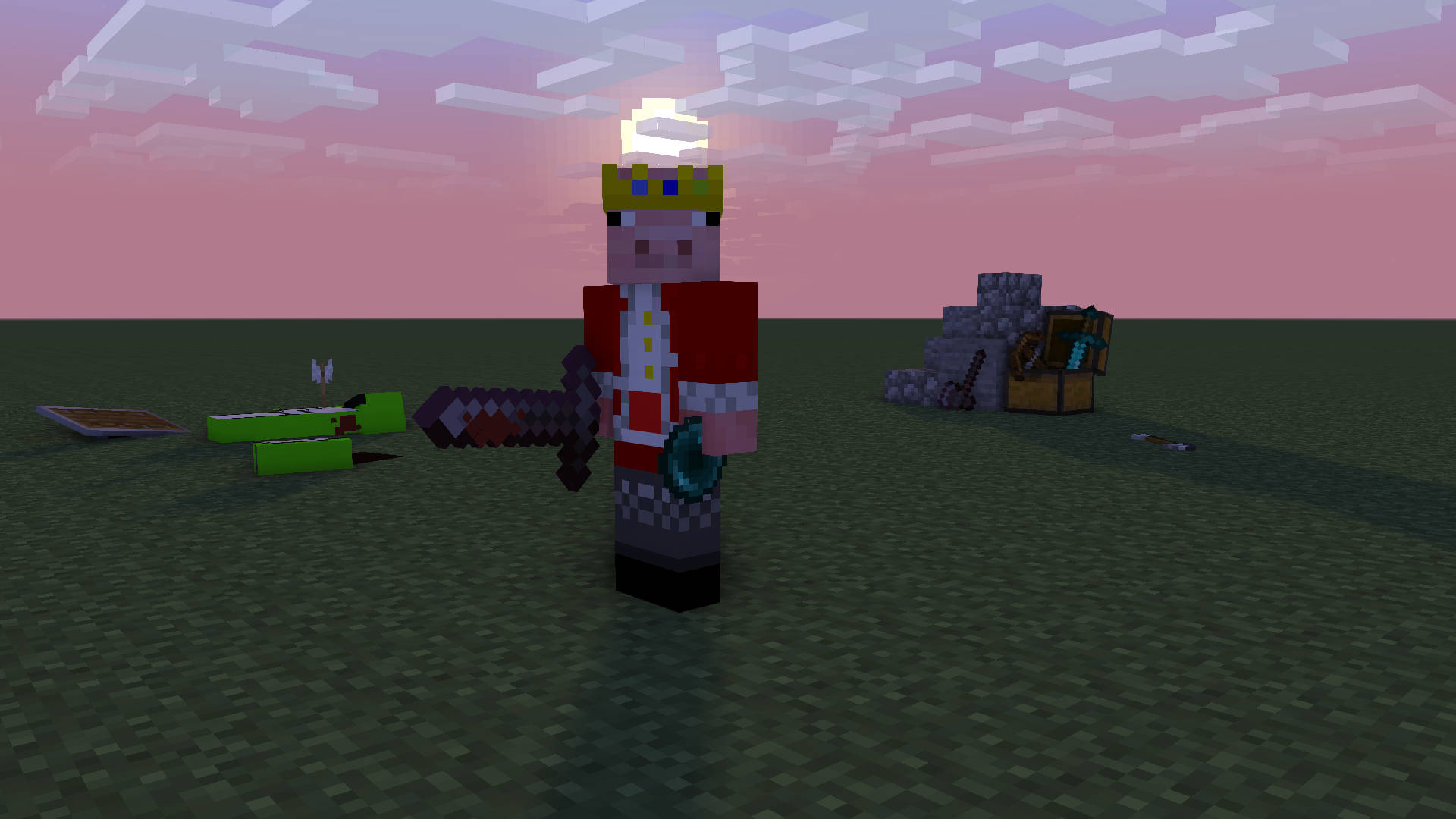 technoblade 桌布 壁紙 — 一個像素化的Minecraft玩家，身穿紅色盔甲和皇冠，在日落時分的草地上手持劍。