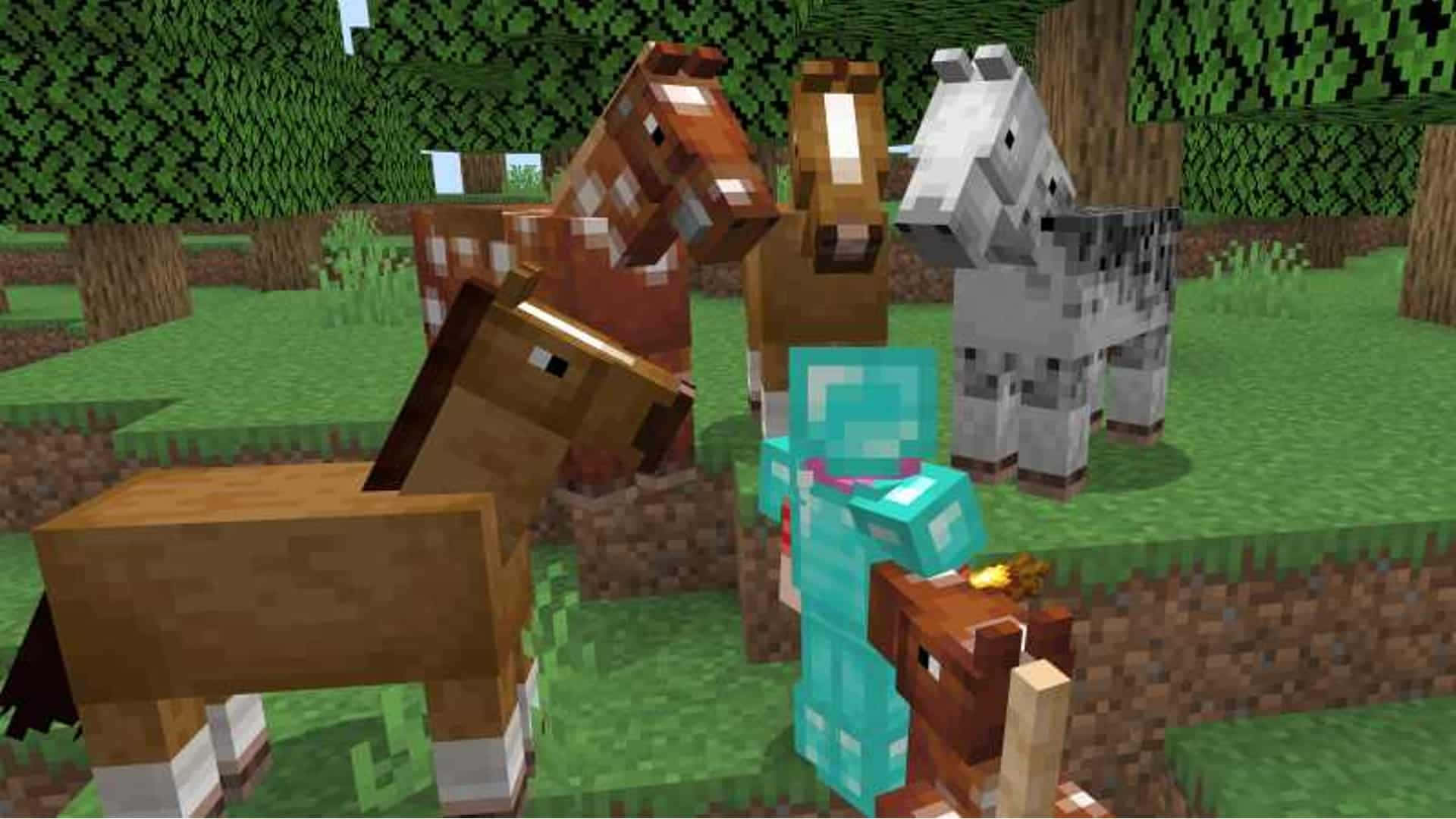 Minecraft Horses 桌布 壁紙 — 一個像素化的Minecraft玩家穿著青色盔甲，在長滿草叢的森林生物群落中與四匹馬站在一起。