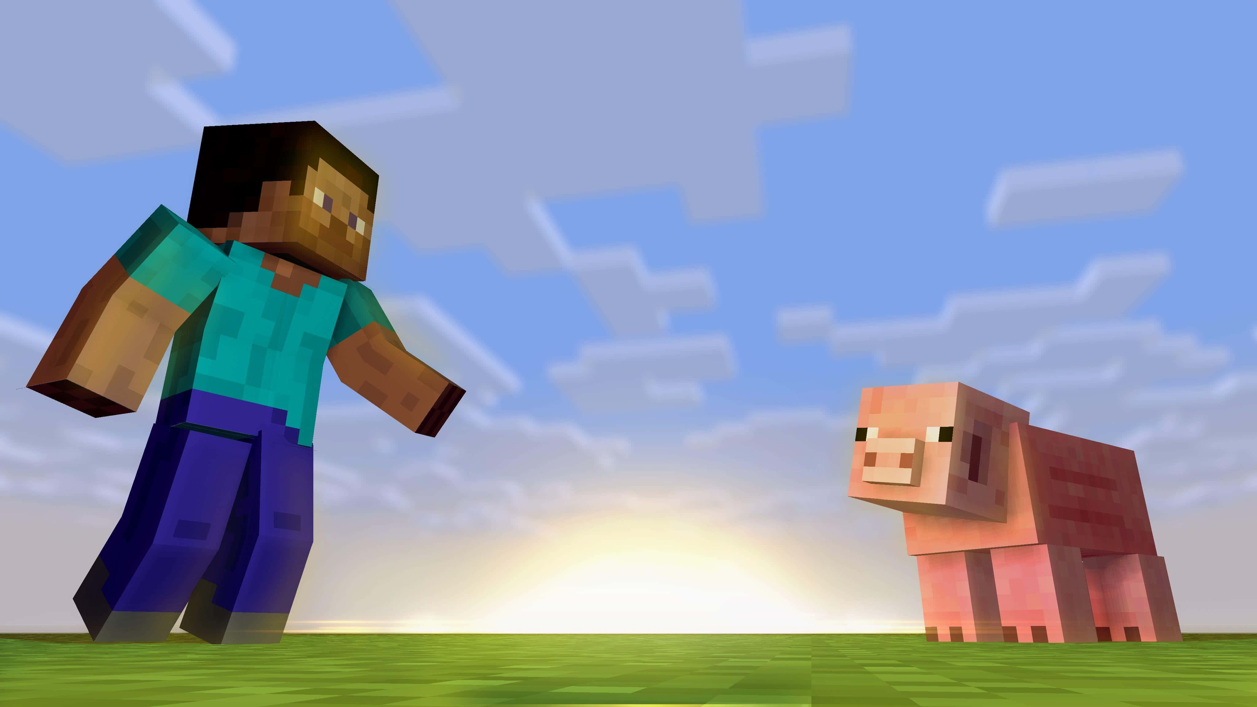 Minecraft Pig 桌布 壁紙 — 一個像素化的Minecraft玩家站在粉紅豬旁邊，在藍天白雲下的草地上。