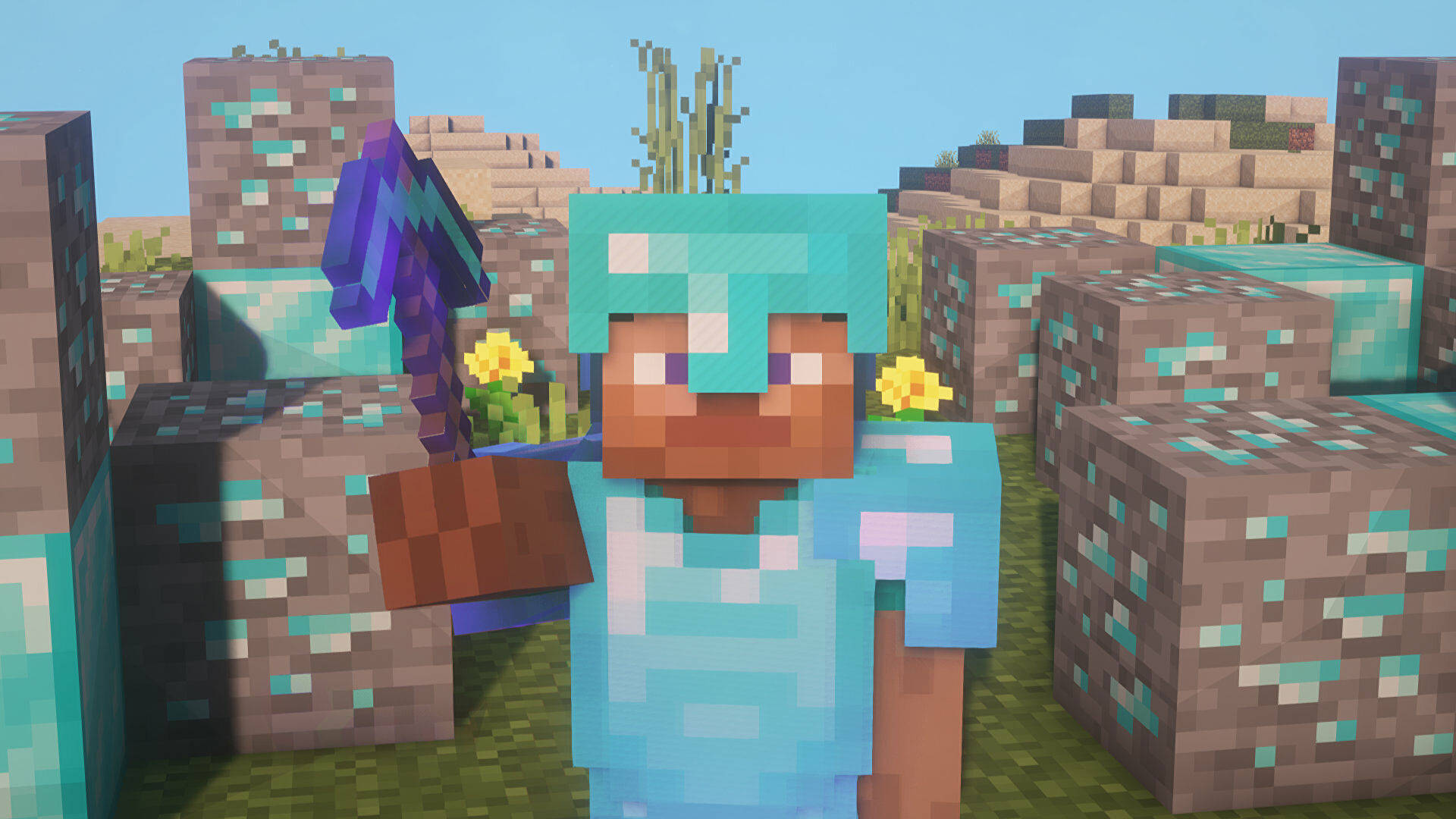 最佳我的世界 桌布 壁紙 — 一個像素化的Minecraft玩家穿著鑽石盔甲，在黃色花朵的方塊地形中，於晴朗的藍天下手持紫色附魔劍。